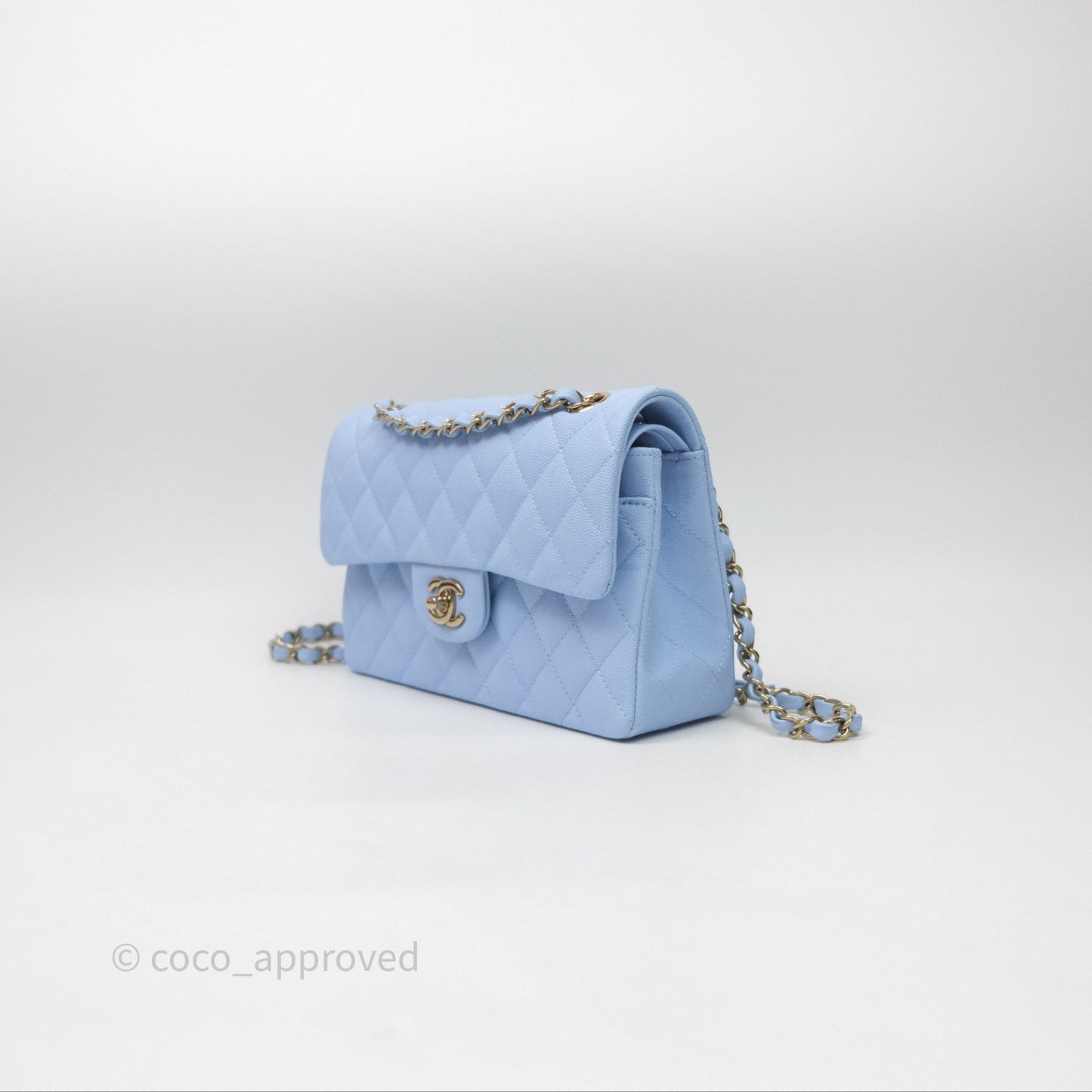 Chanel Small Classic Flap Quilted Sky Blue Caviar Gold Hardware