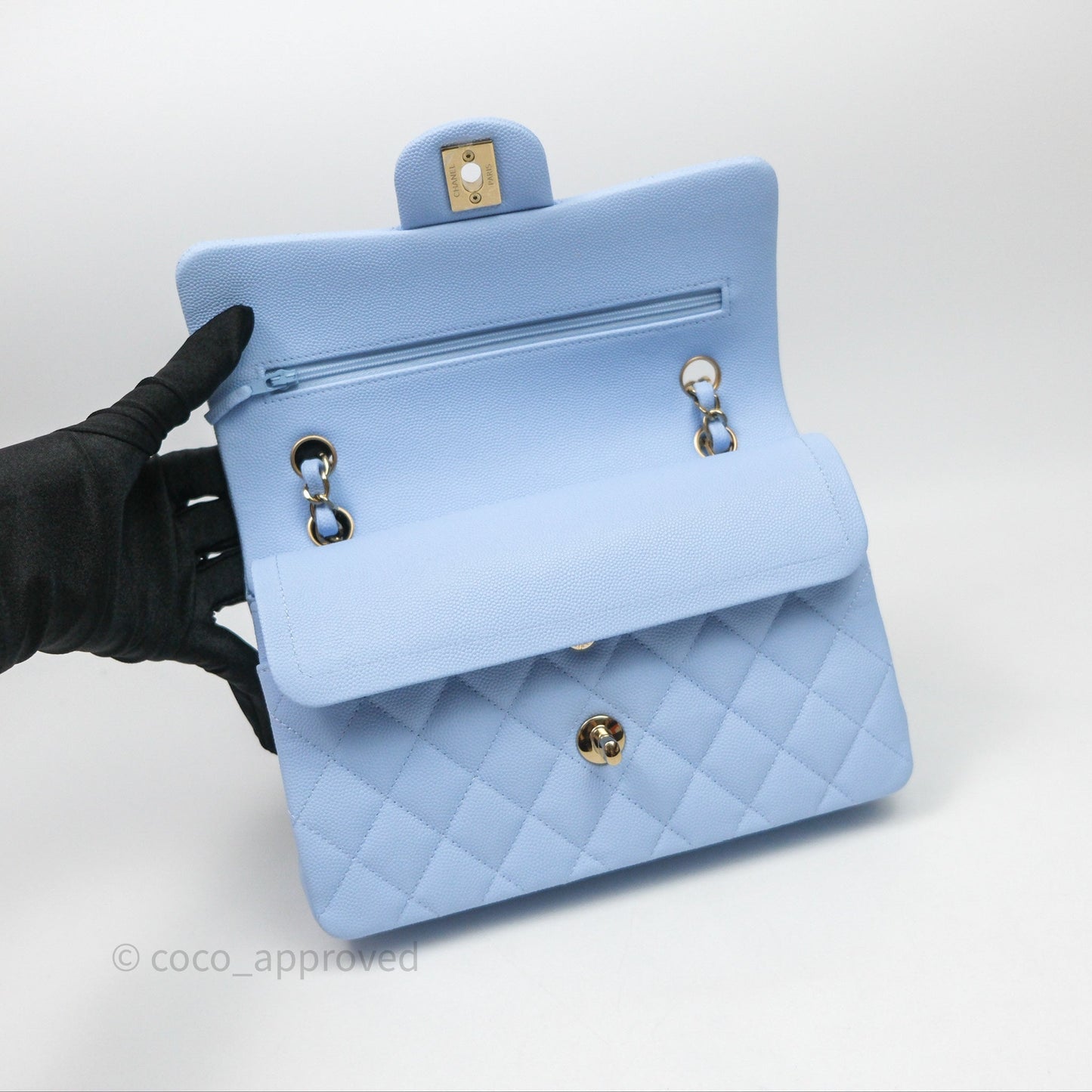 Chanel Small Classic Flap Quilted Sky Blue Caviar Gold Hardware