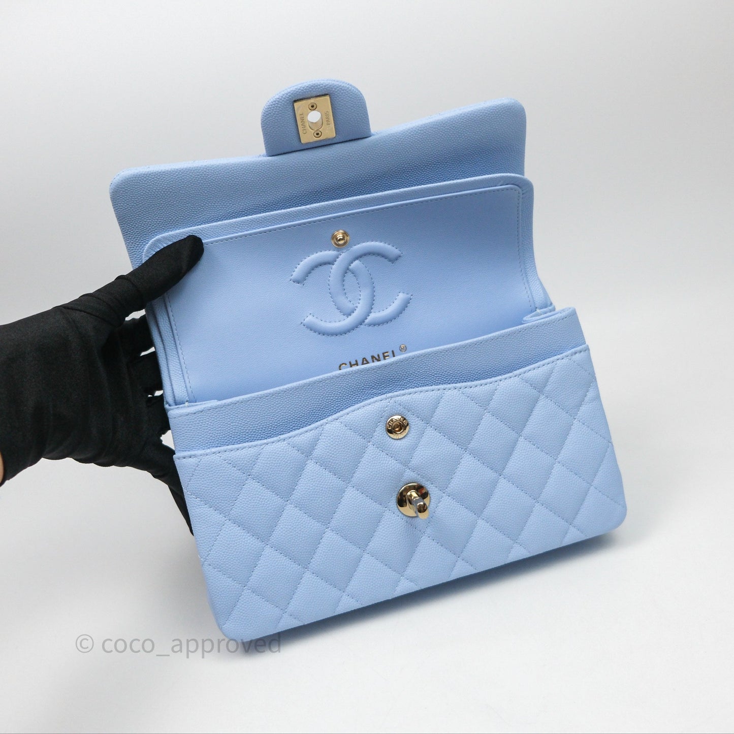Chanel Small Classic Flap Quilted Sky Blue Caviar Gold Hardware