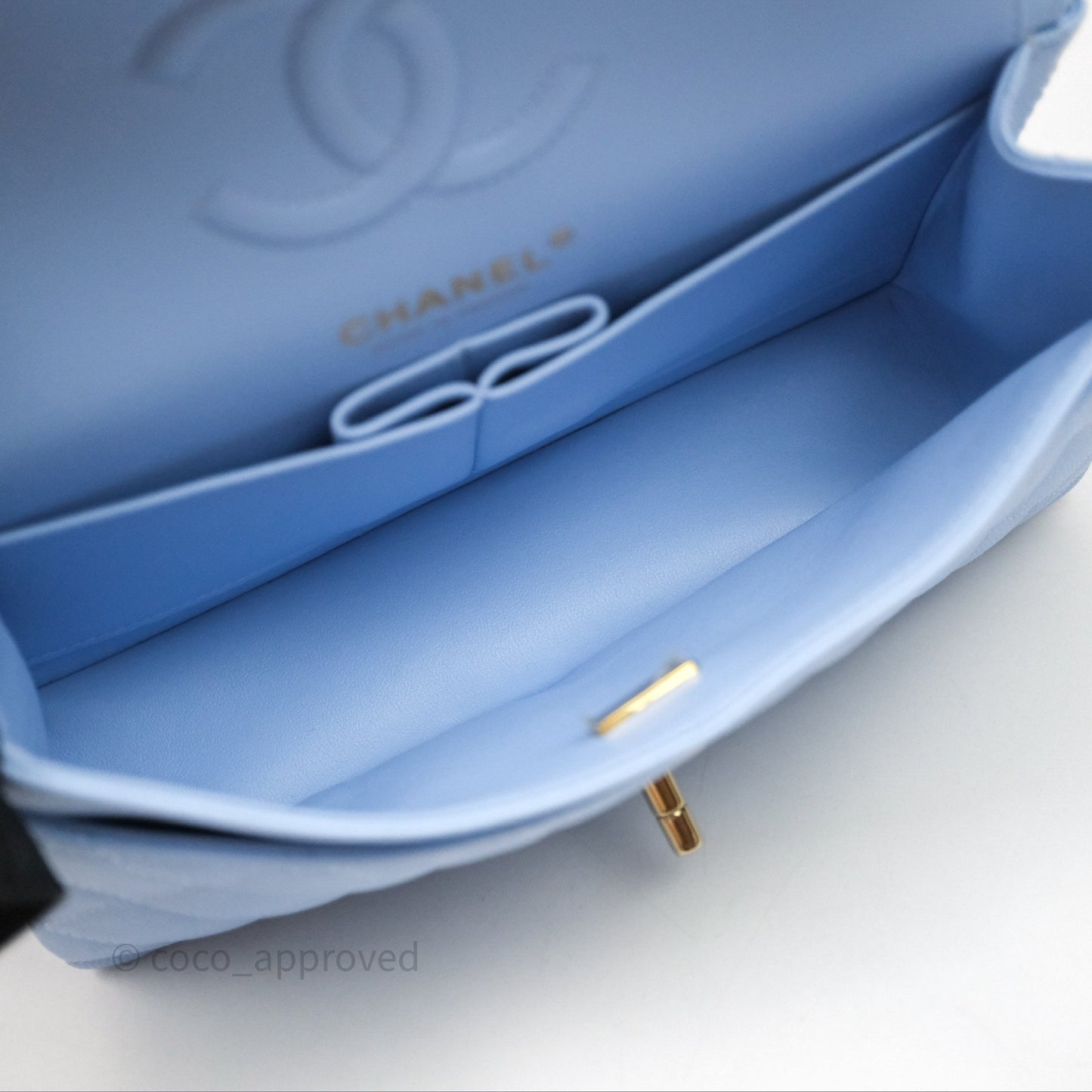 Chanel Small Classic Flap Quilted Sky Blue Caviar Gold Hardware