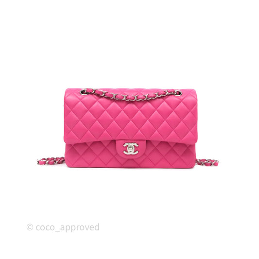 Chanel Classic M/L Medium Flap Quilted Hot Pink Lambskin Silver Hardware