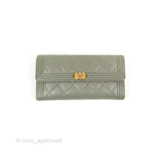 Chanel Quilted Boy Flap Long Wallet Light Green Caviar Gold Hardware