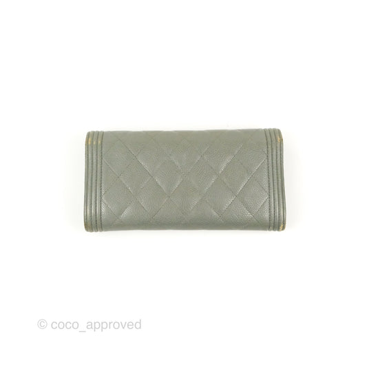 Chanel Quilted Boy Flap Long Wallet Light Green Caviar Gold Hardware