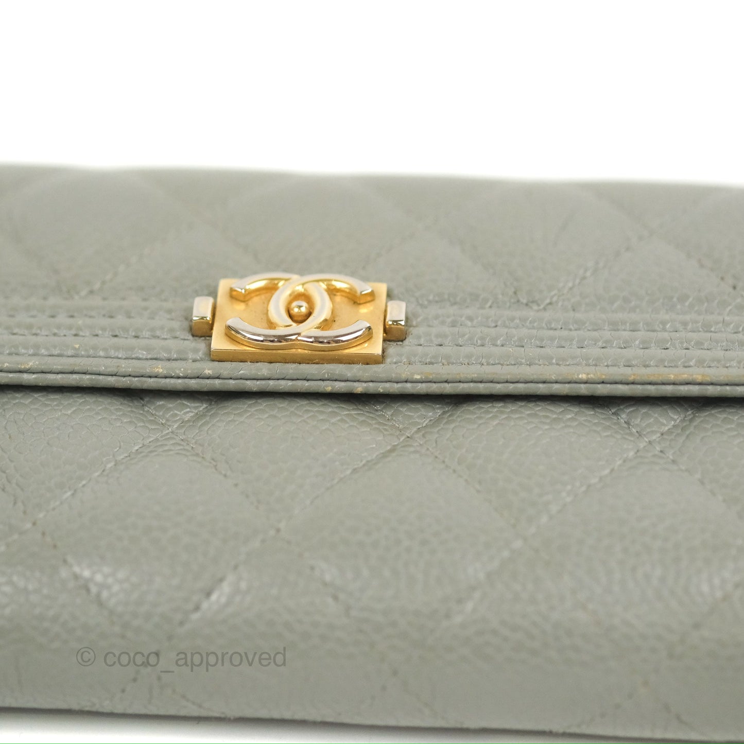 Chanel Quilted Boy Flap Long Wallet Light Green Caviar Gold Hardware