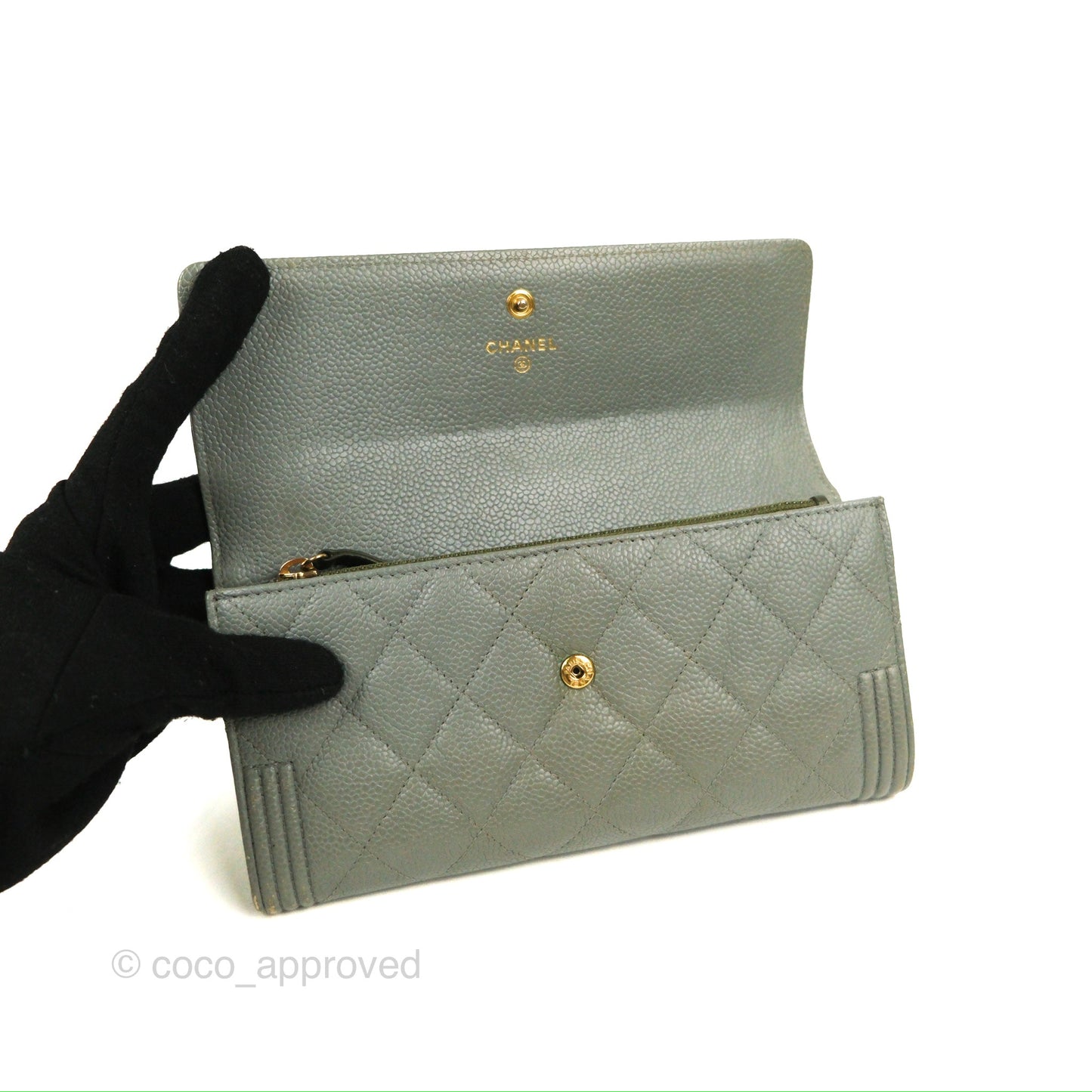 Chanel Quilted Boy Flap Long Wallet Light Green Caviar Gold Hardware