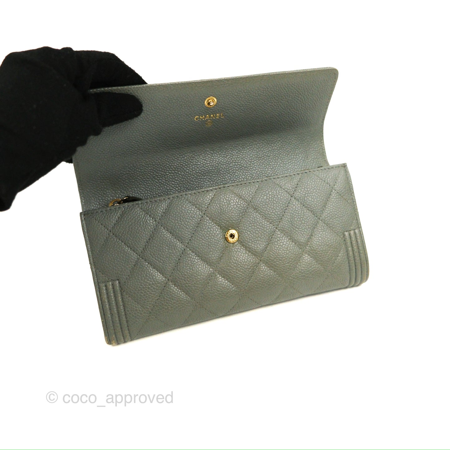Chanel Quilted Boy Flap Long Wallet Light Green Caviar Gold Hardware