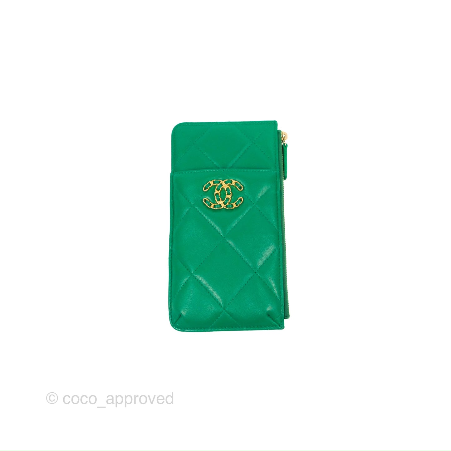 Chanel 19 Phone Holder Long Zip Wallet Green Gold Hardware