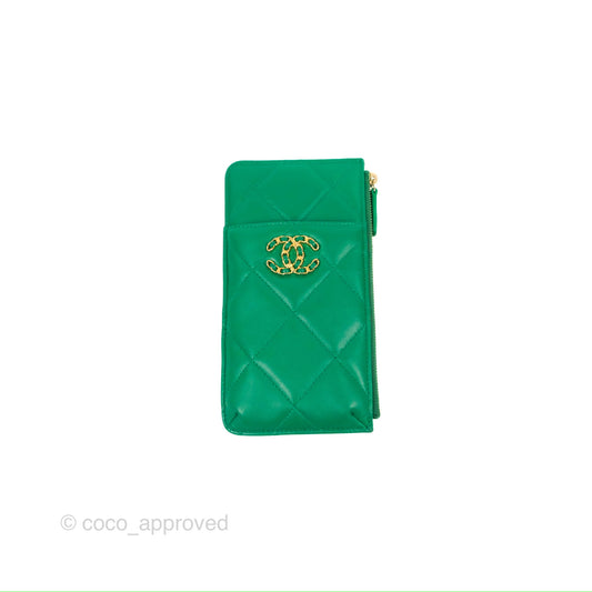 Chanel 19 Phone Holder Long Zip Wallet Green Gold Hardware
