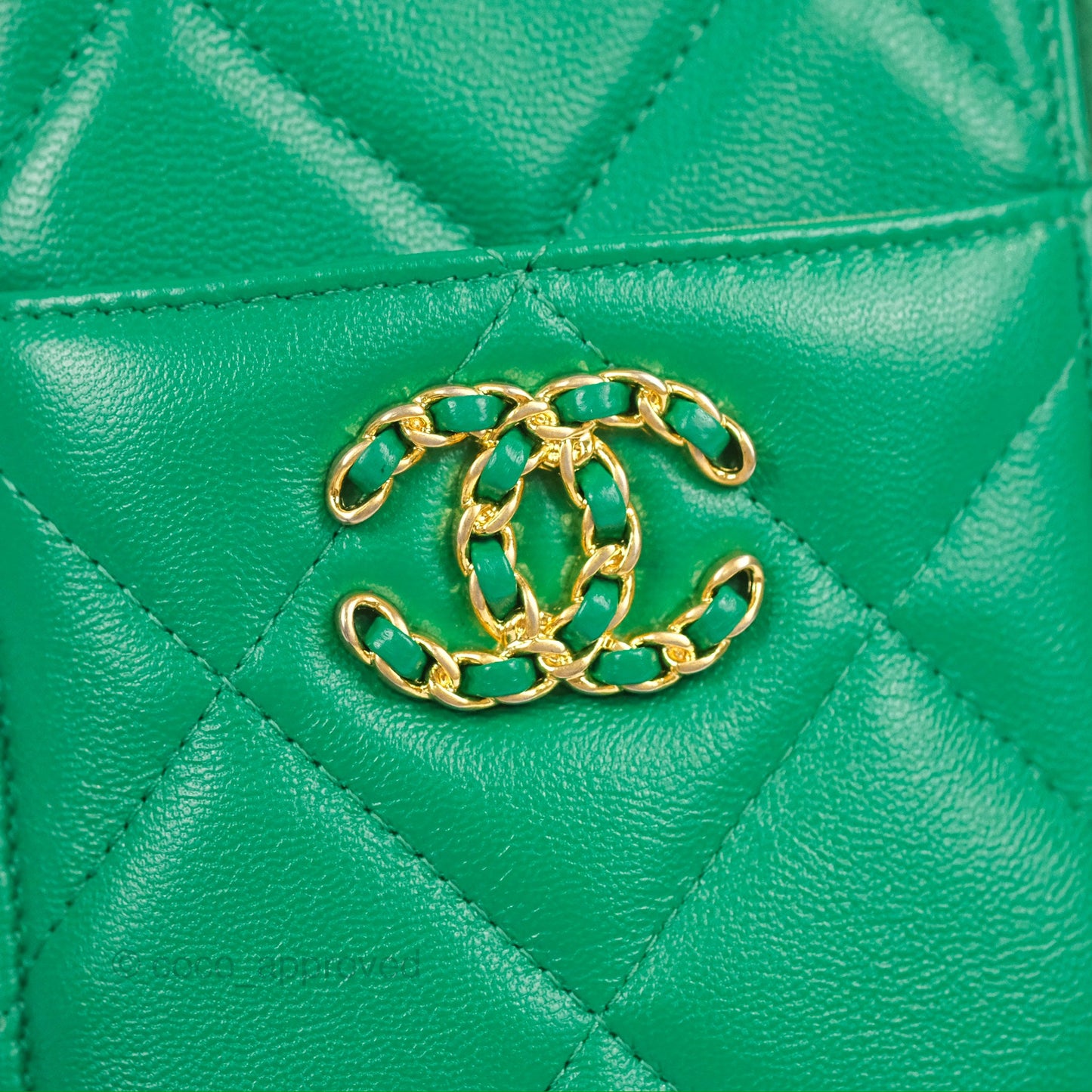 Chanel 19 Phone Holder Long Zip Wallet Green Gold Hardware