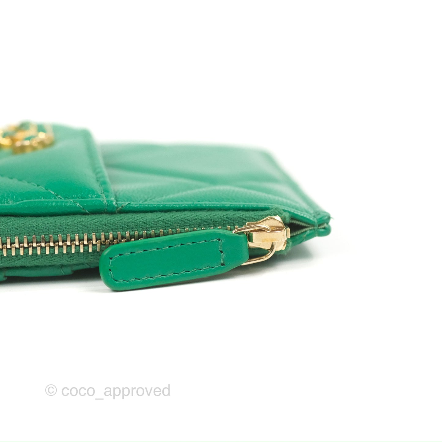 Chanel 19 Phone Holder Long Zip Wallet Green Gold Hardware