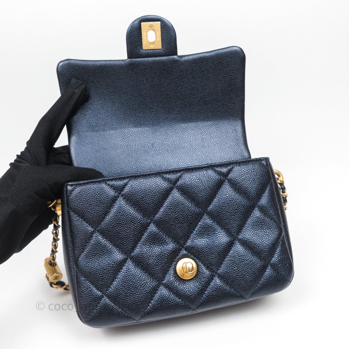 Chanel Quilted My Perfect Mini Iridescent Dark Navy Caviar Aged Gold Hardware