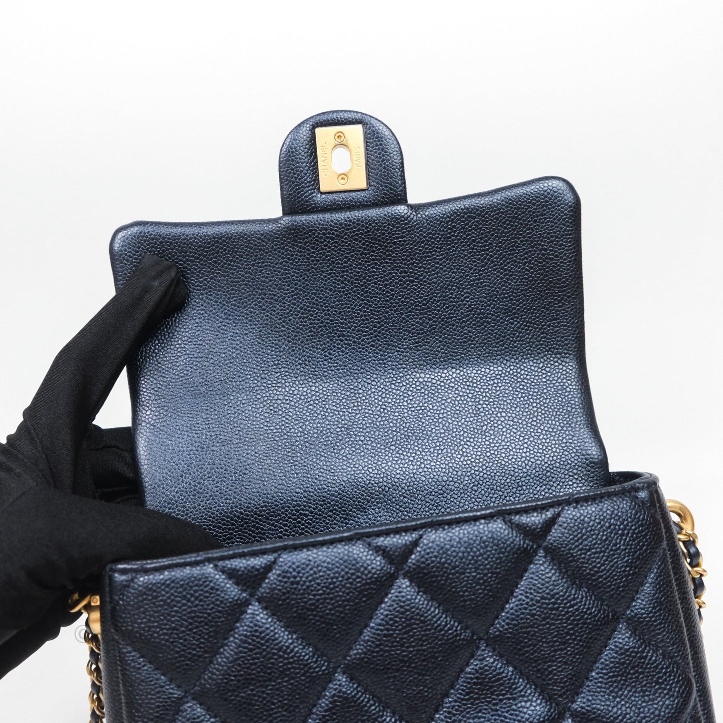 Chanel Quilted My Perfect Mini Iridescent Dark Navy Caviar Aged Gold Hardware