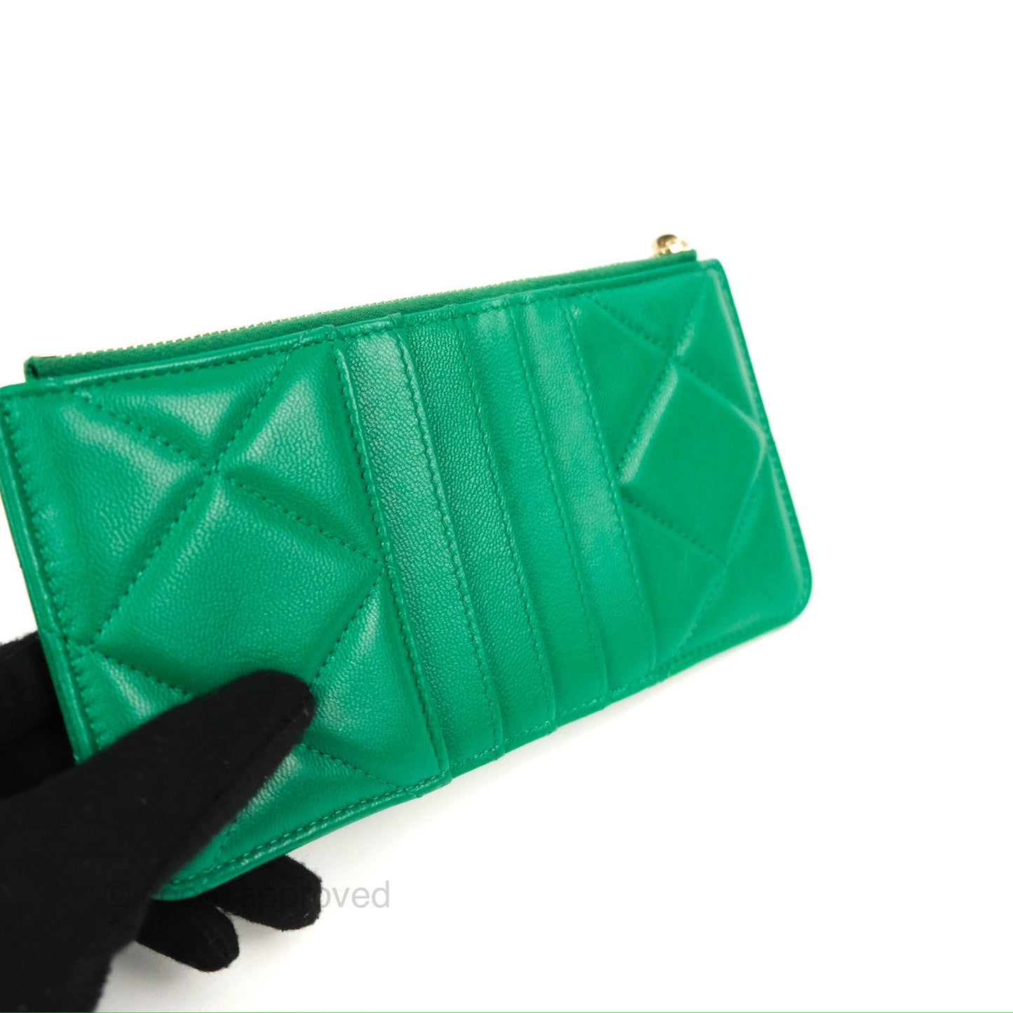 Chanel 19 Phone Holder Long Zip Wallet Green Gold Hardware