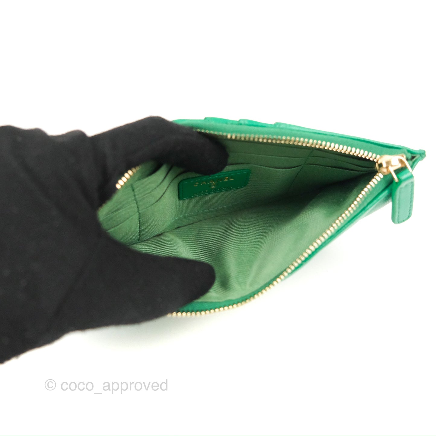 Chanel 19 Phone Holder Long Zip Wallet Green Gold Hardware
