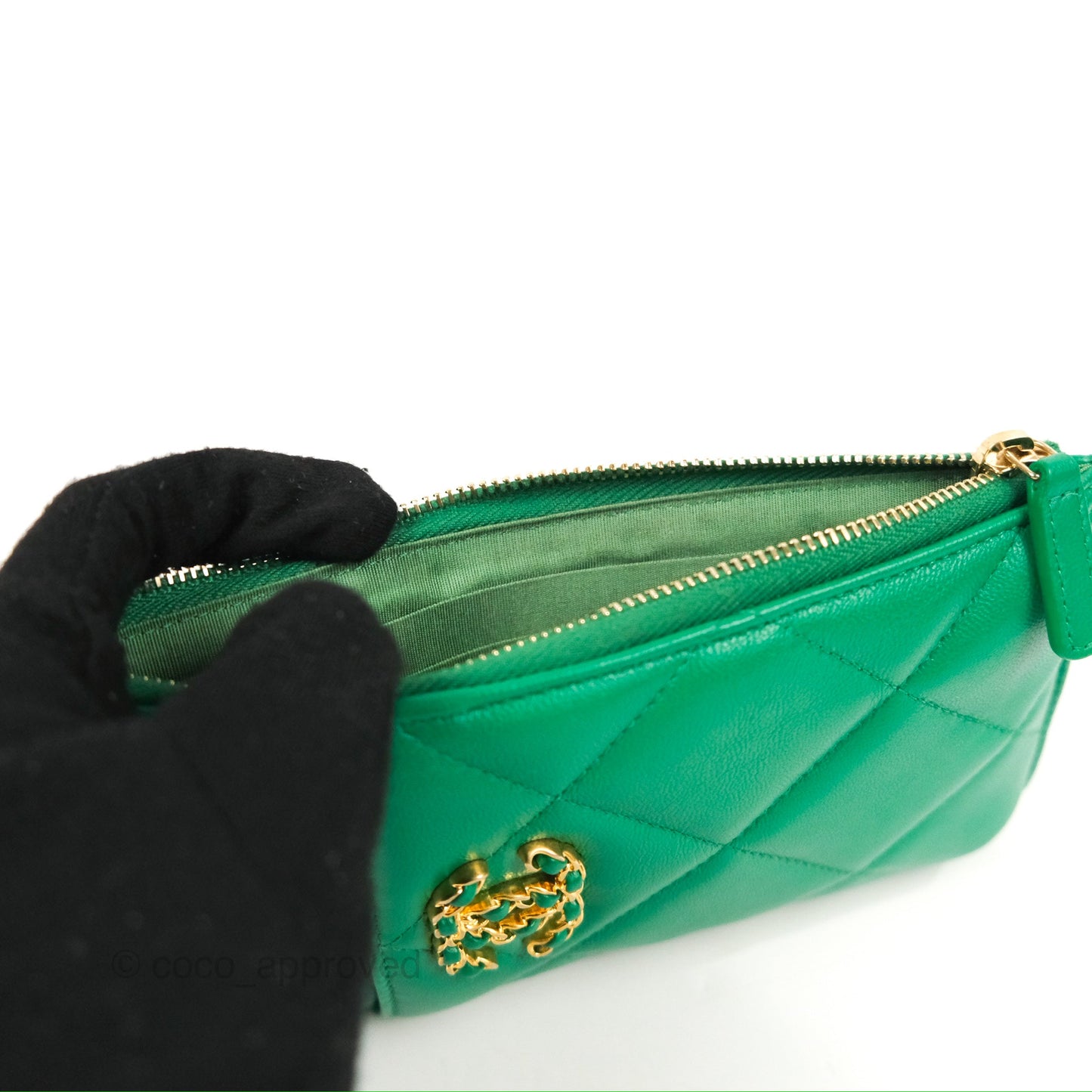 Chanel 19 Phone Holder Long Zip Wallet Green Gold Hardware