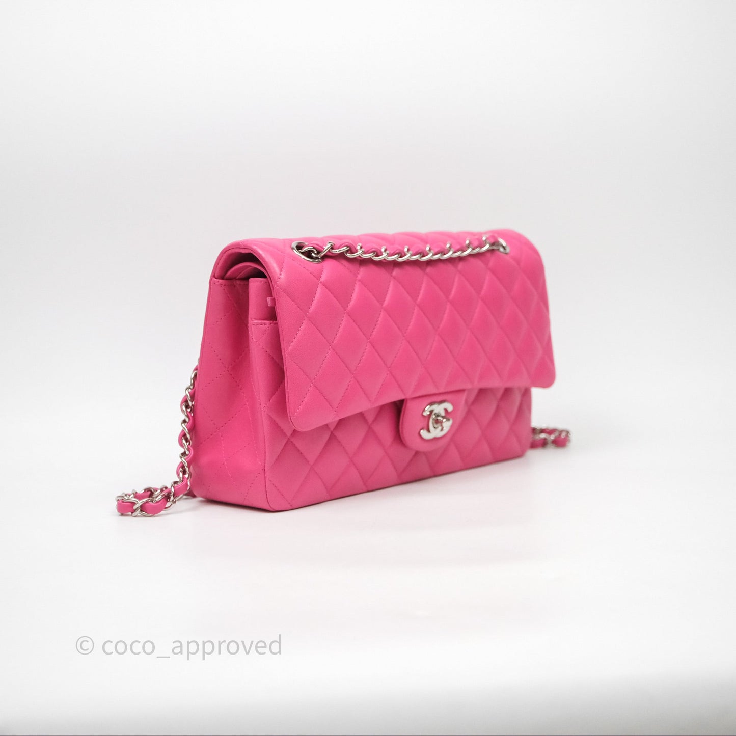 Chanel Classic M/L Medium Flap Quilted Hot Pink Lambskin Silver Hardware