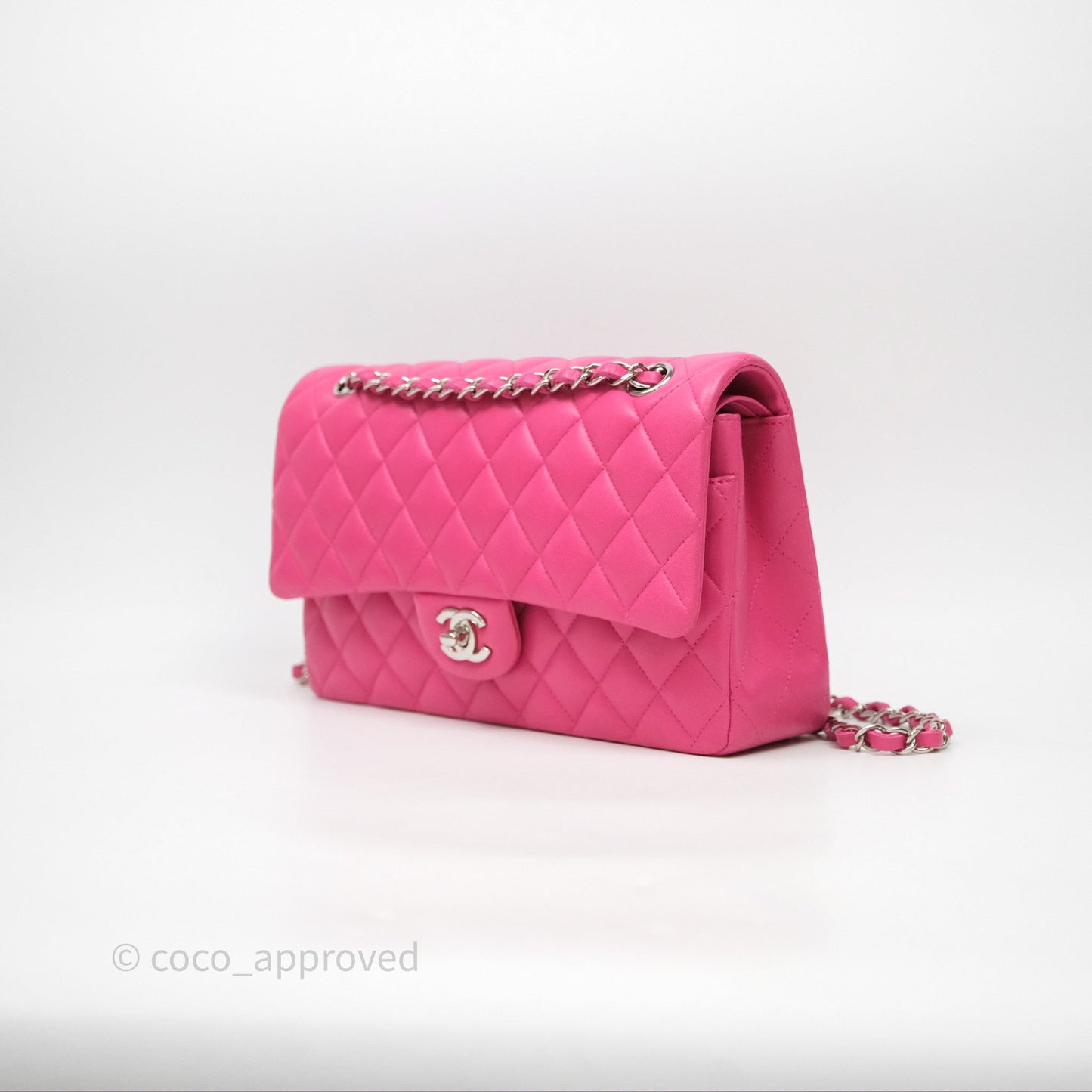 Chanel Classic M/L Medium Flap Quilted Hot Pink Lambskin Silver Hardware
