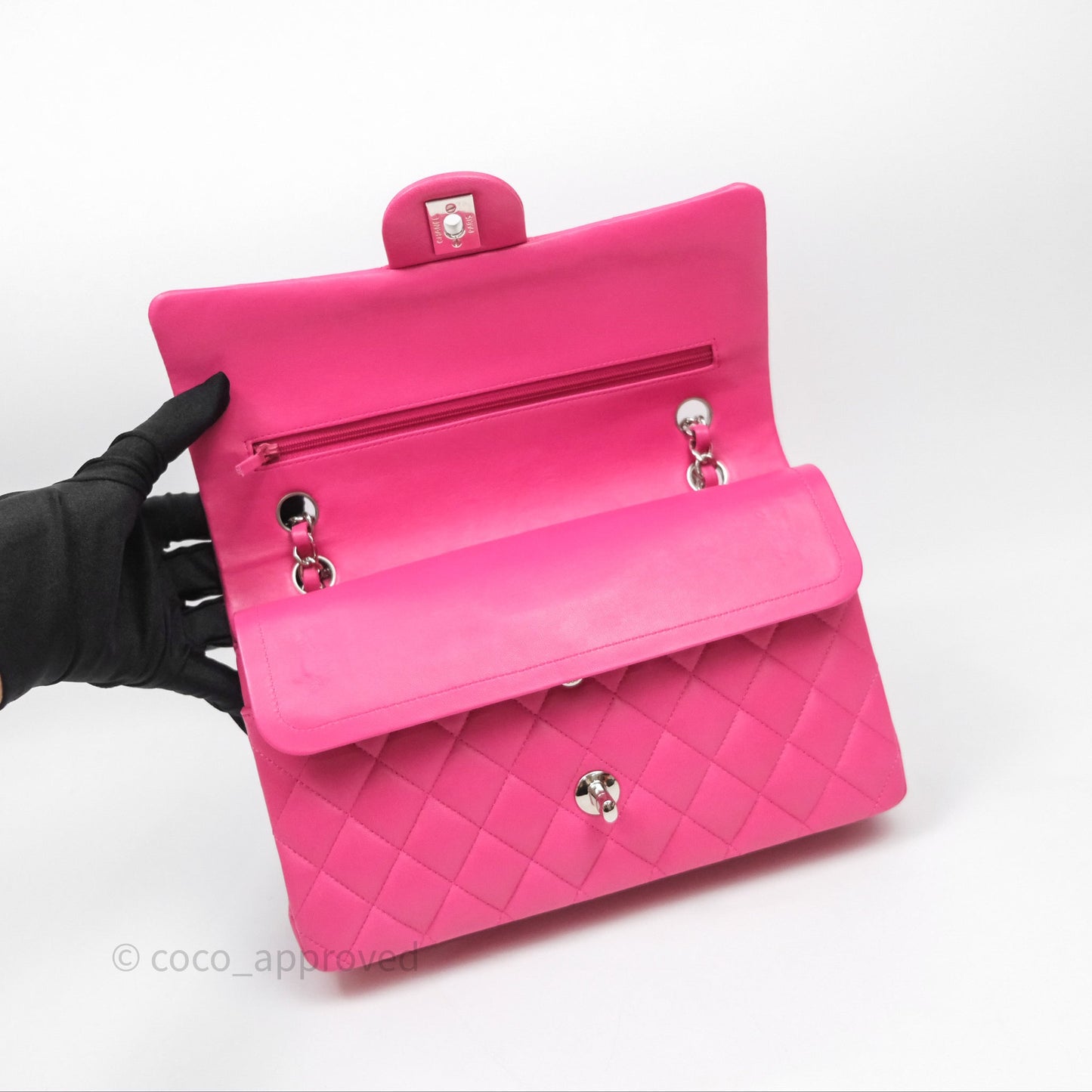 Chanel Classic M/L Medium Flap Quilted Hot Pink Lambskin Silver Hardware