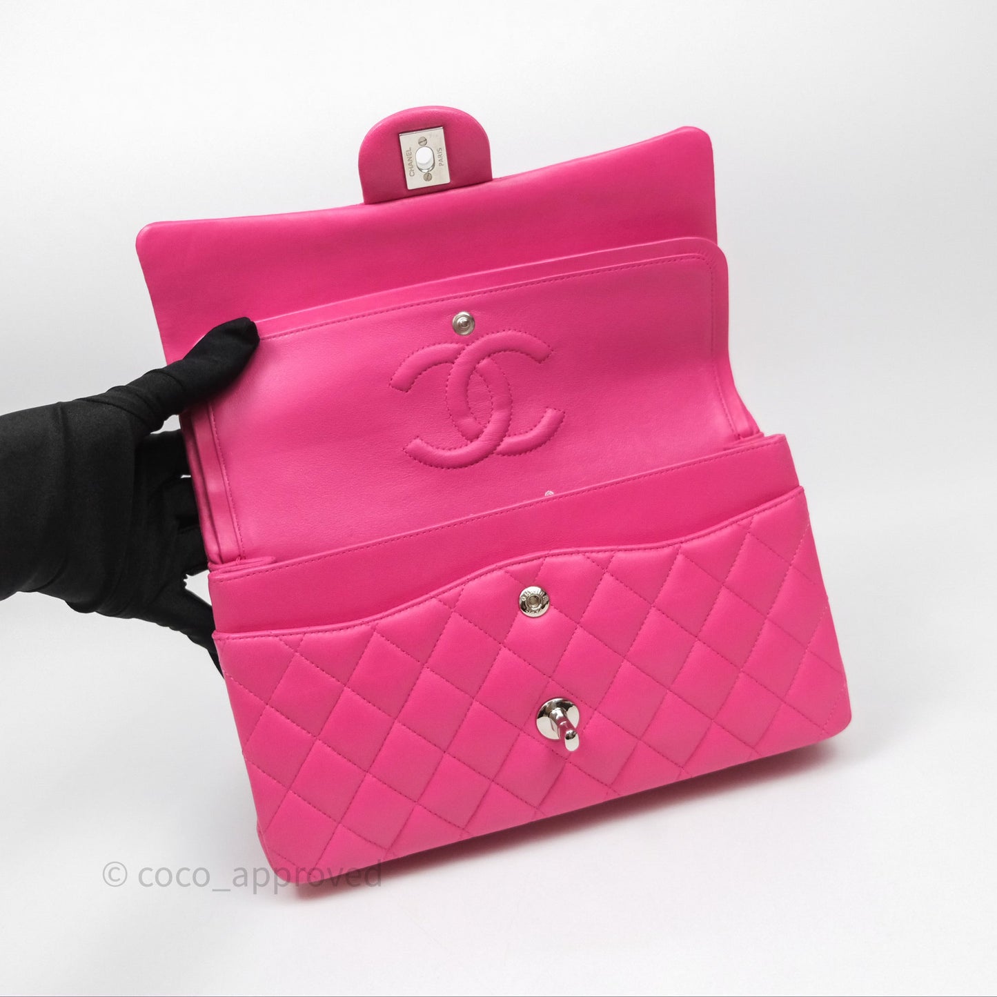 Chanel Classic M/L Medium Flap Quilted Hot Pink Lambskin Silver Hardware