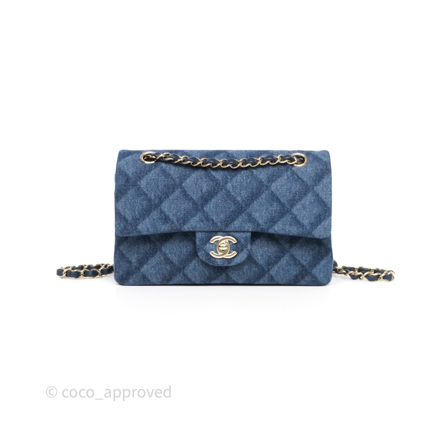 Chanel Small Classic Flap Quilted Blue Printed Denim Gold Hardware