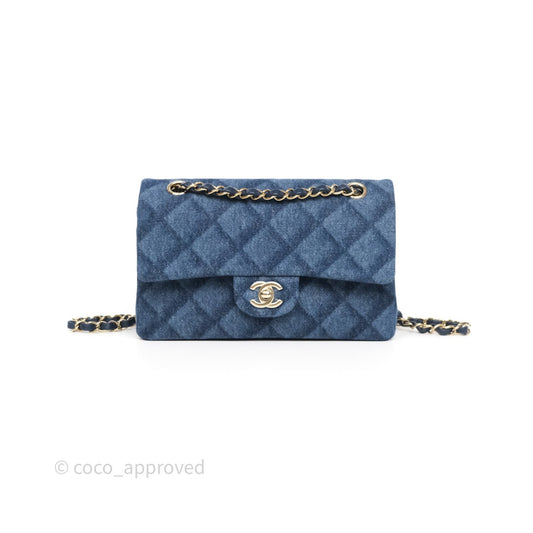 Chanel Small Classic Flap Quilted Blue Printed Denim Gold Hardware
