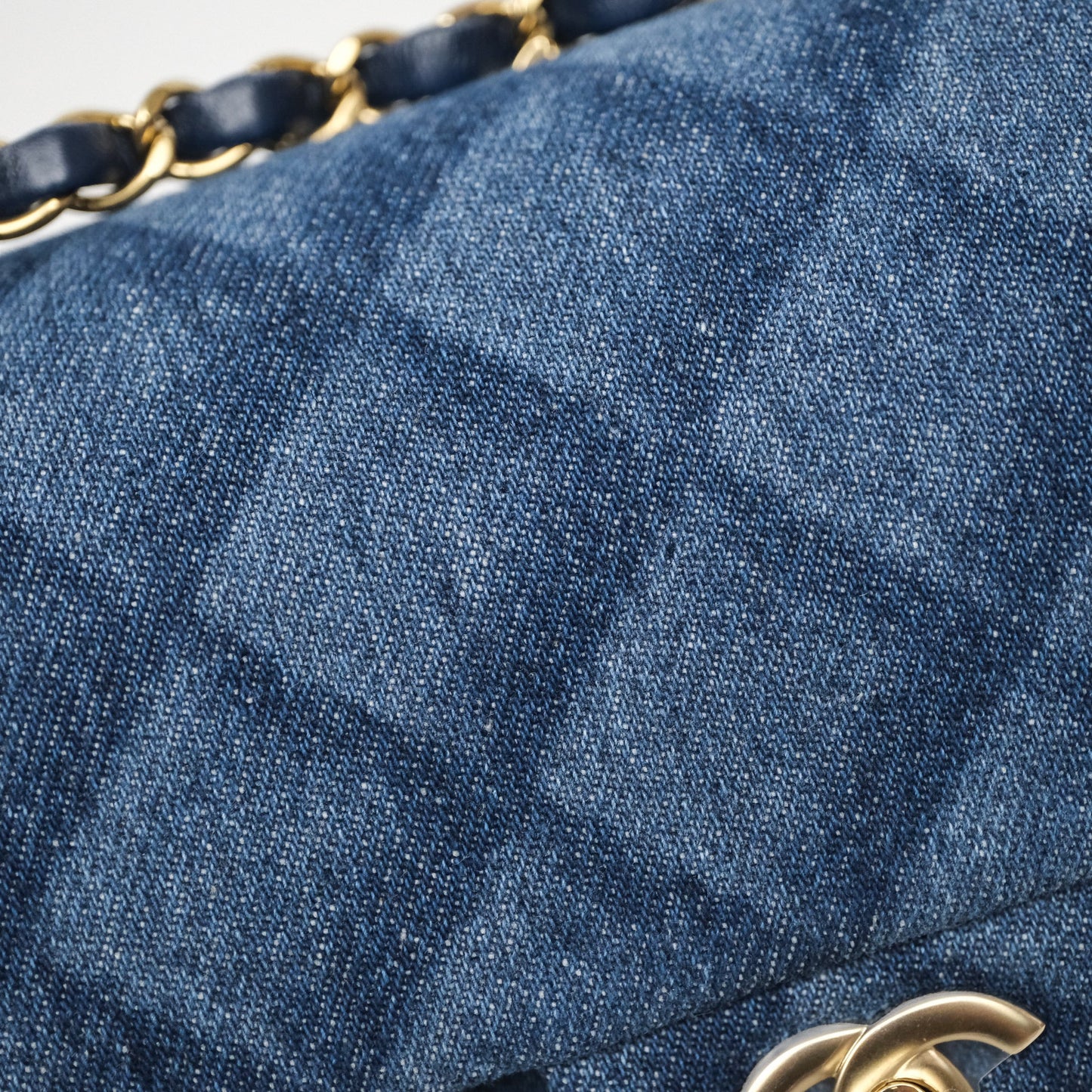 Chanel Small Classic Flap Quilted Blue Printed Denim Gold Hardware