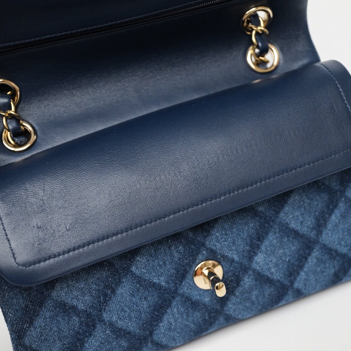 Chanel Small Classic Flap Quilted Blue Printed Denim Gold Hardware