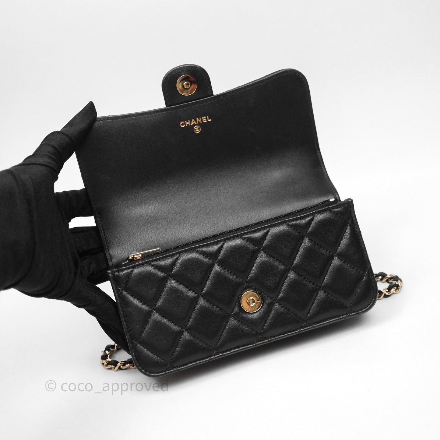 Chanel Top Handle Mini WOC Phone Holder Black Lambskin Gold Hardware