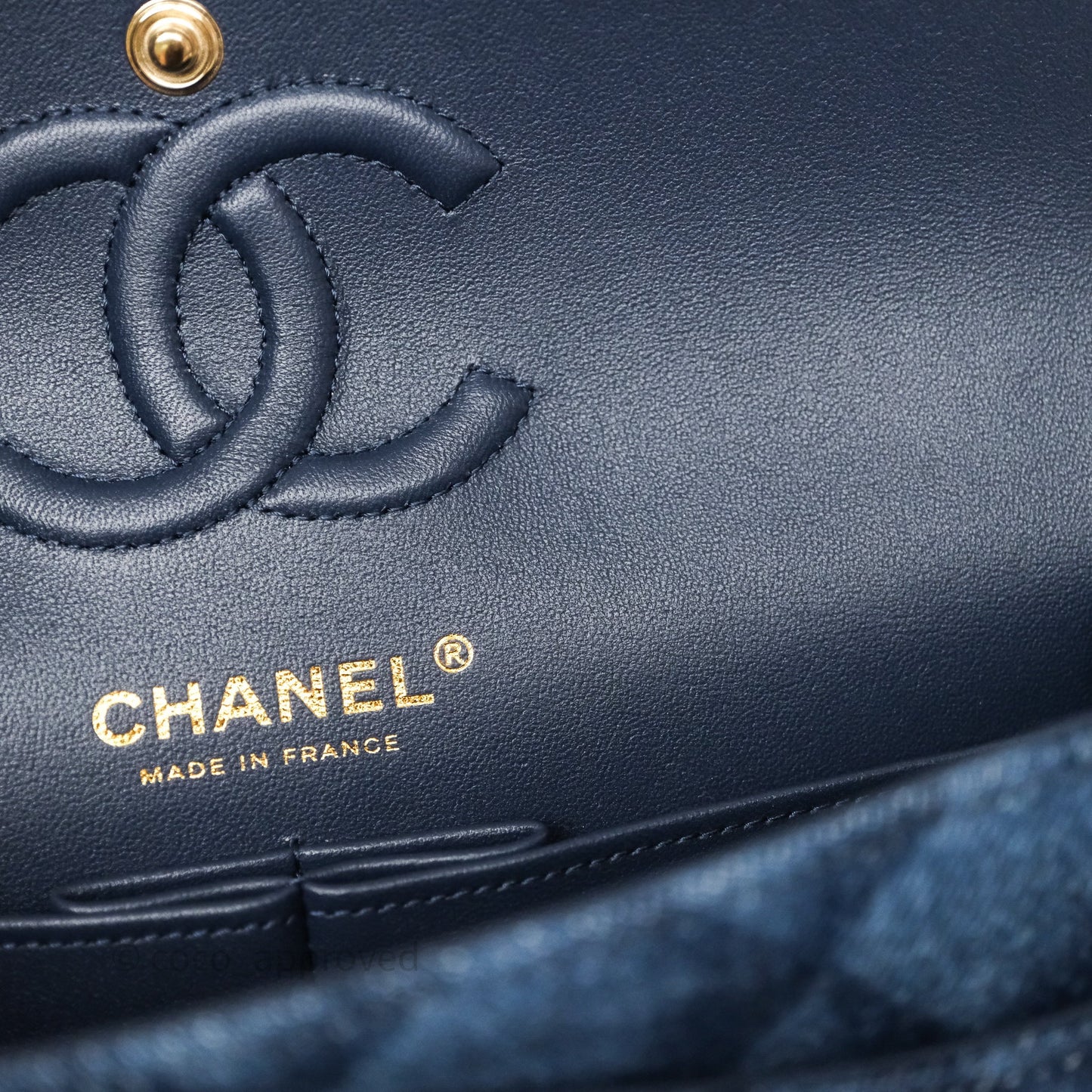 Chanel Small Classic Flap Quilted Blue Printed Denim Gold Hardware