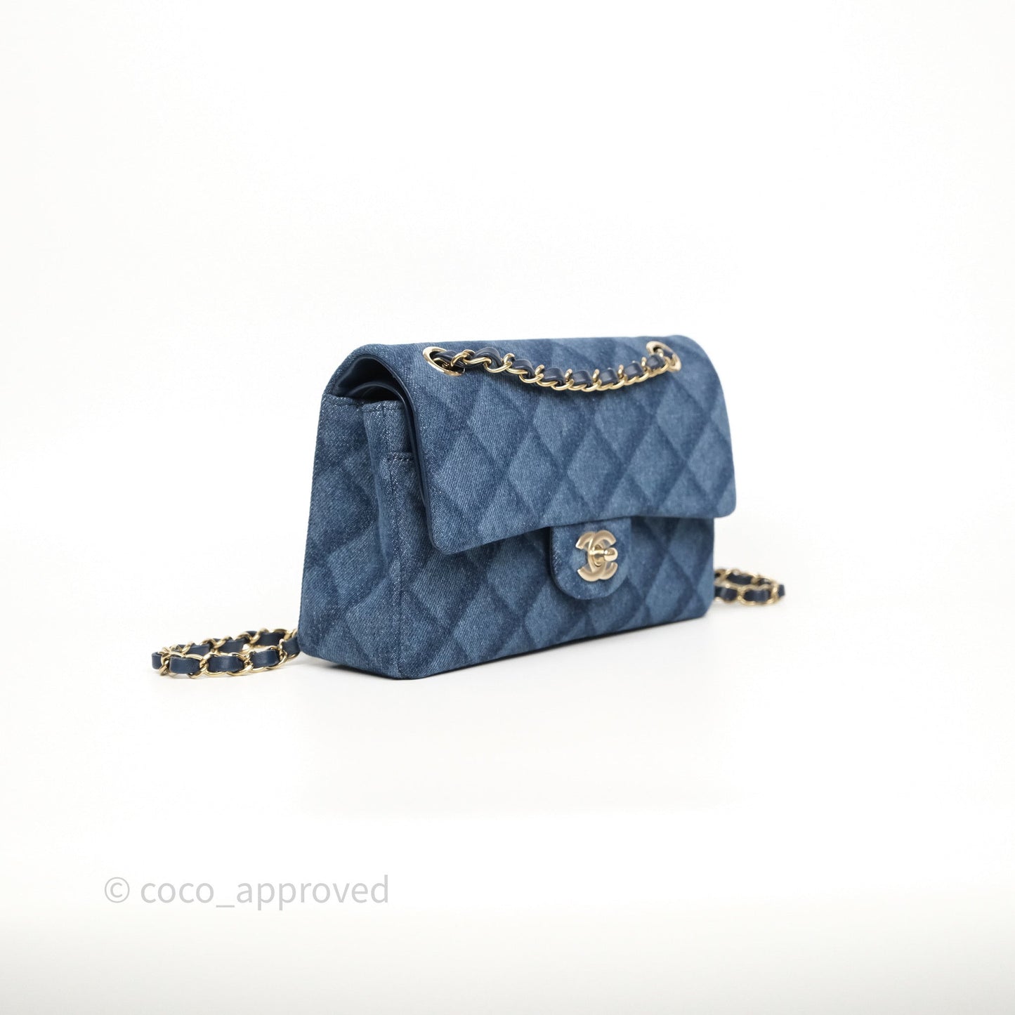 Chanel Small Classic Flap Quilted Blue Printed Denim Gold Hardware