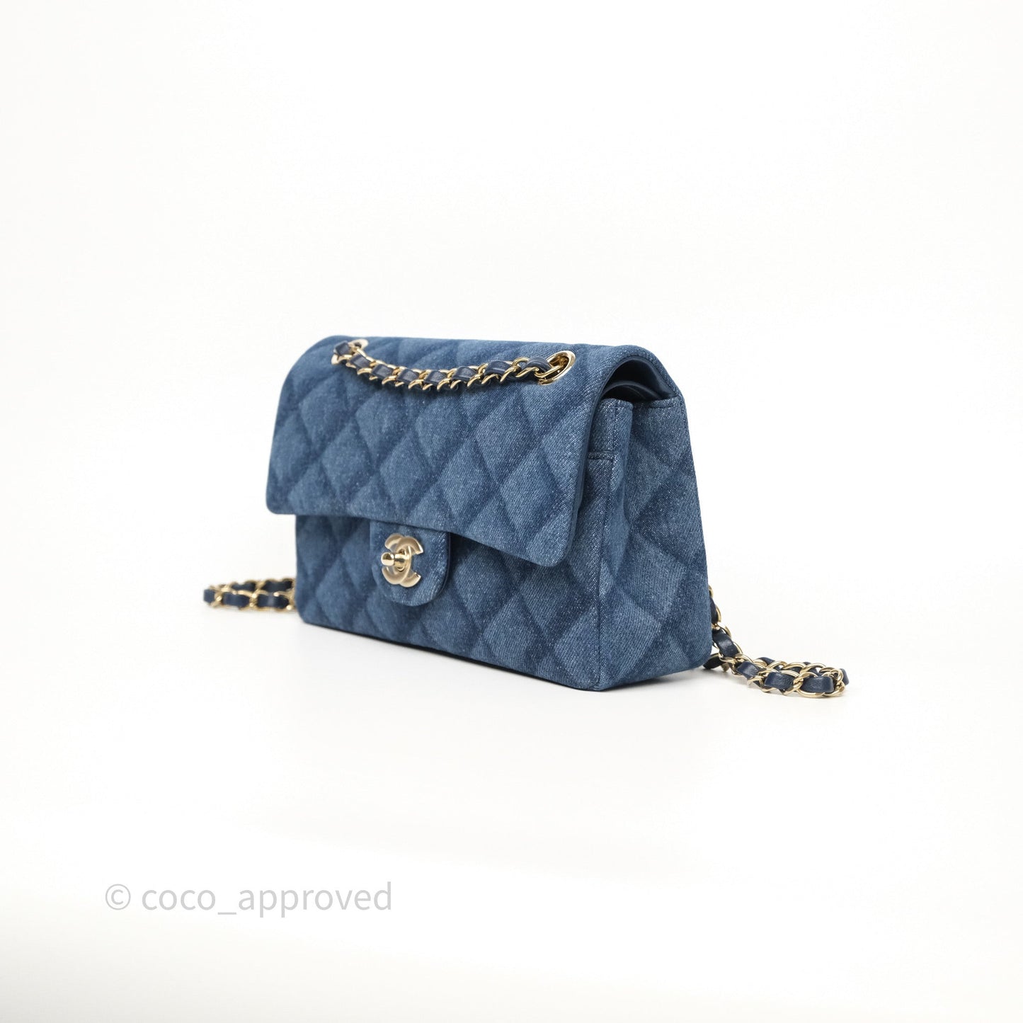 Chanel Small Classic Flap Quilted Blue Printed Denim Gold Hardware