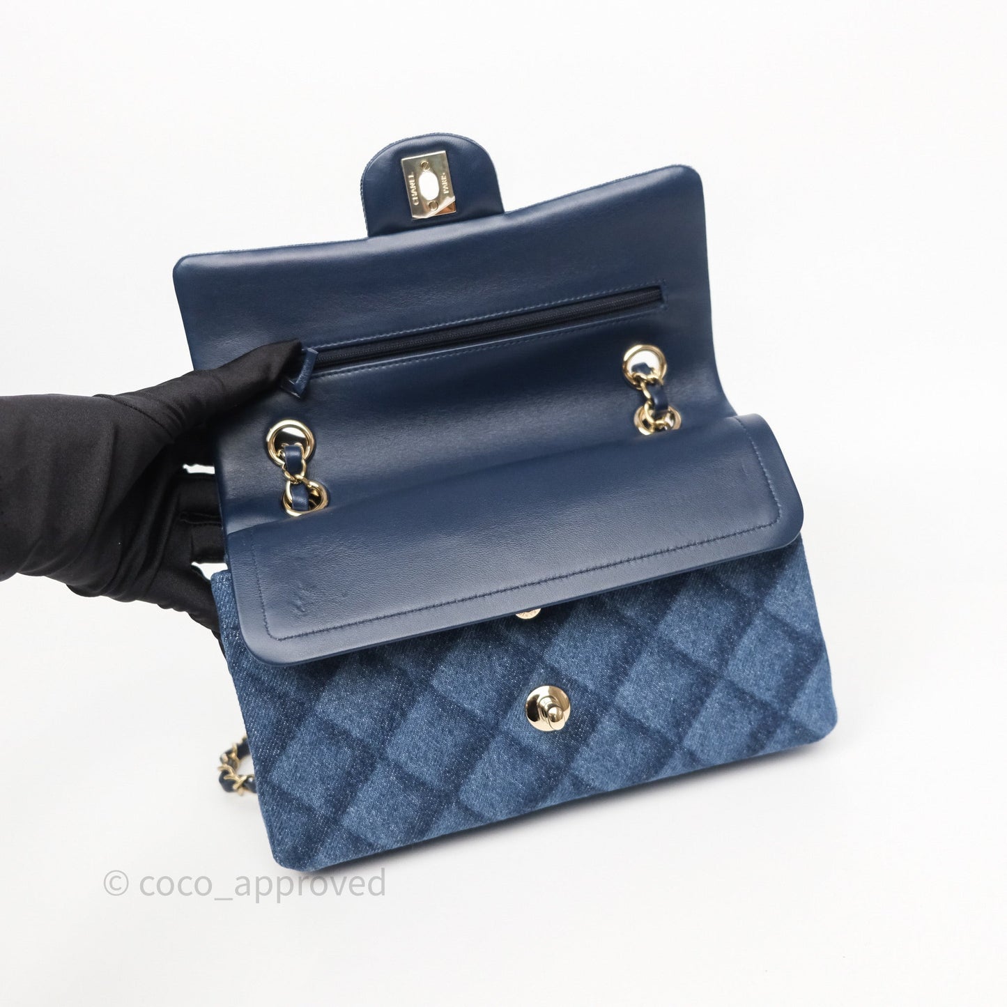 Chanel Small Classic Flap Quilted Blue Printed Denim Gold Hardware