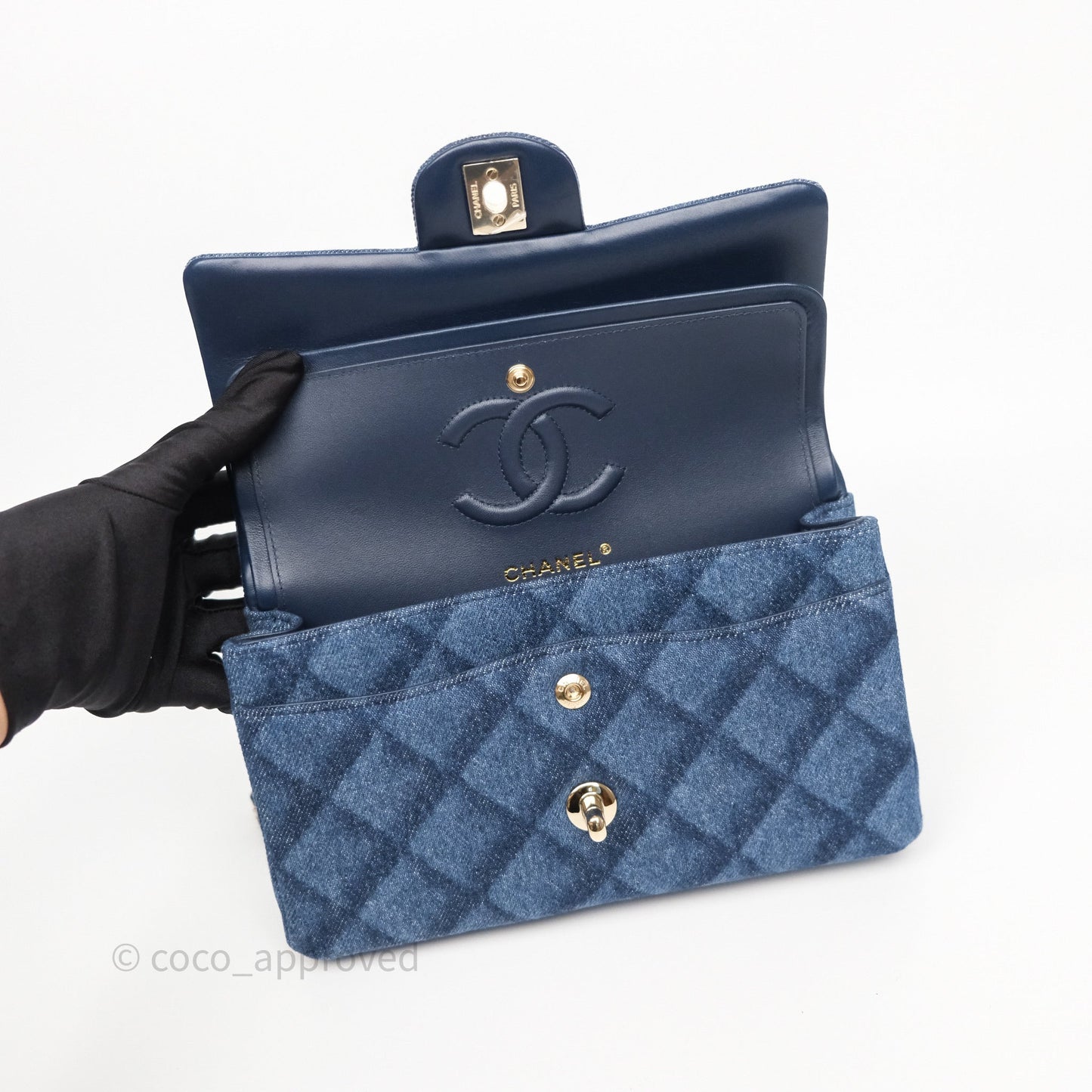 Chanel Small Classic Flap Quilted Blue Printed Denim Gold Hardware