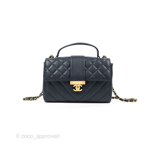 Chanel Golden Class CC Top Handle Bag Navy Calfskin Aged Gold Hardware