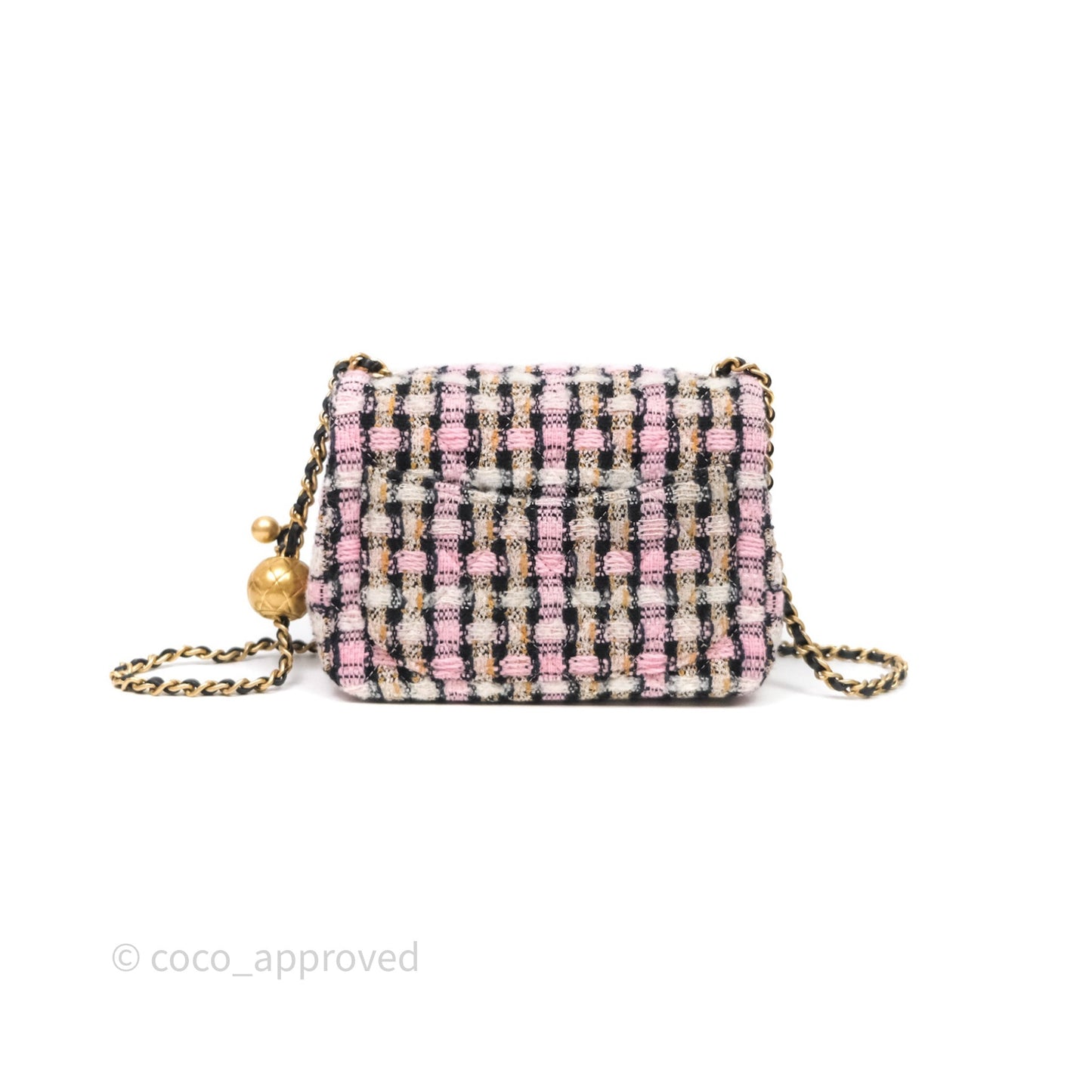 Chanel Pearl Crush Mini Square Pink/ White/ Black Tweed Aged Gold Hardware