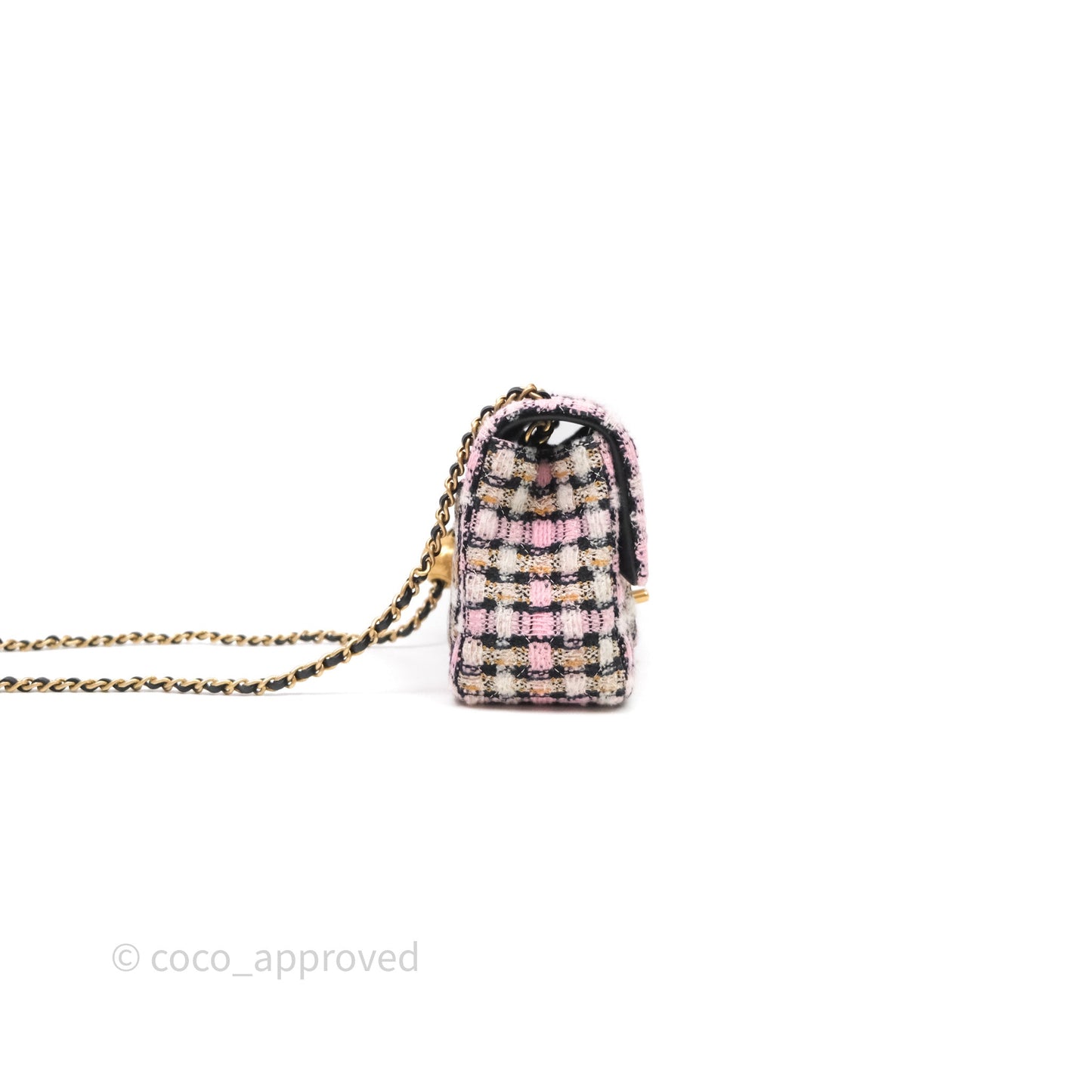 Chanel Pearl Crush Mini Square Pink/ White/ Black Tweed Aged Gold Hardware