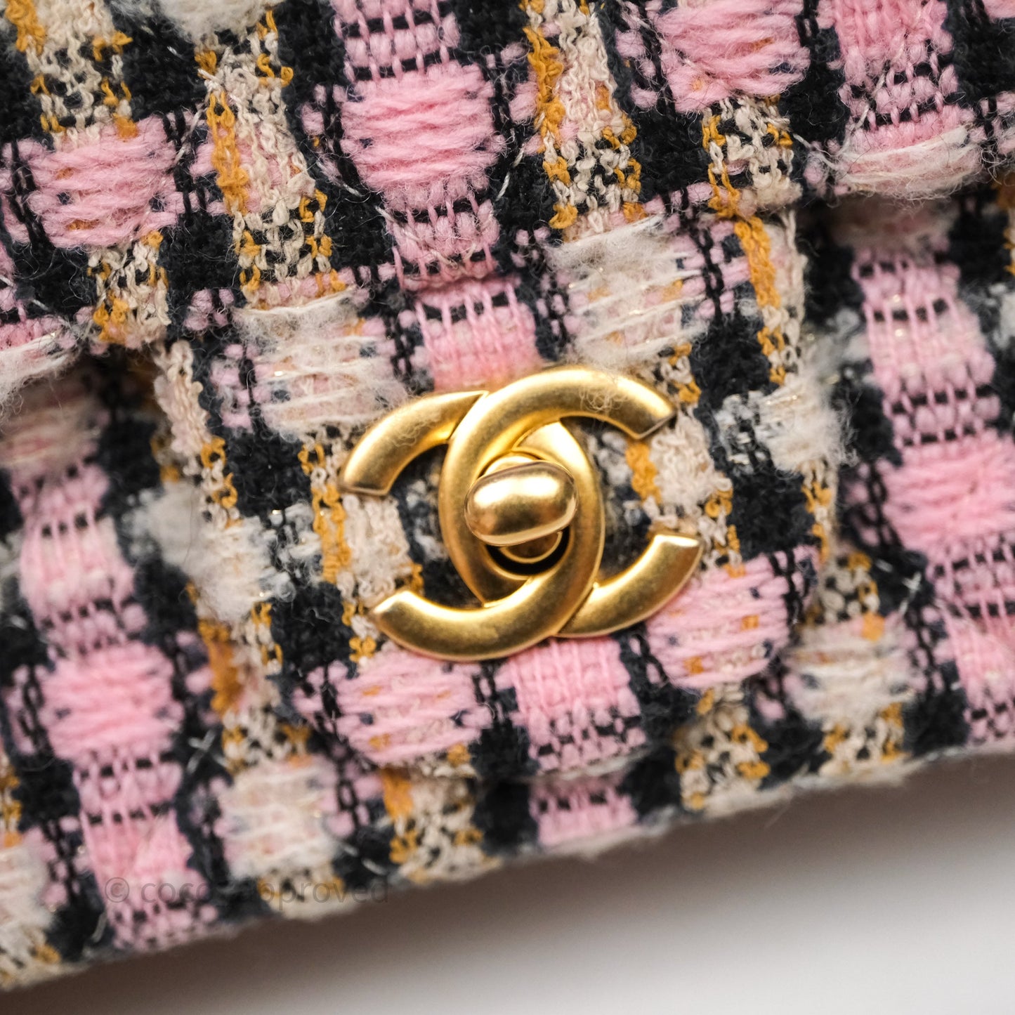 Chanel Pearl Crush Mini Square Pink/ White/ Black Tweed Aged Gold Hardware