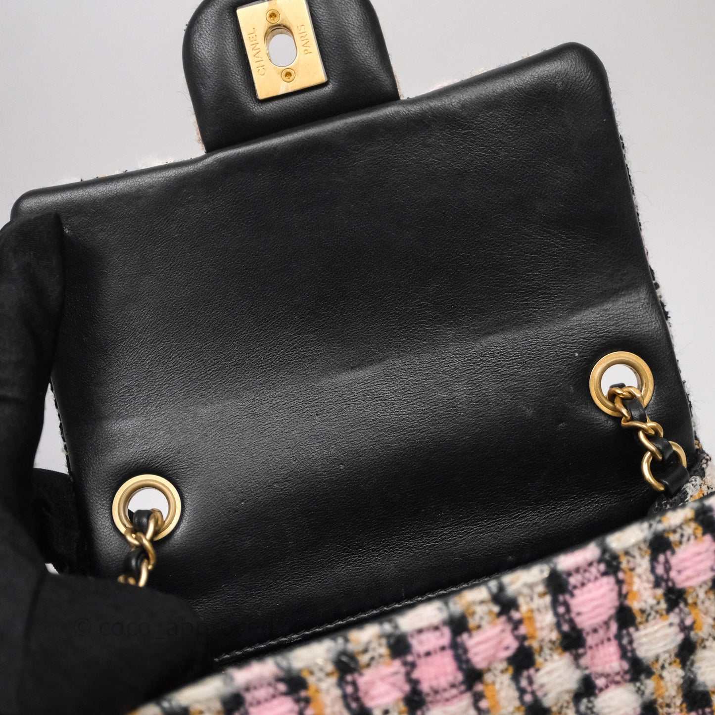 Chanel Pearl Crush Mini Square Pink/ White/ Black Tweed Aged Gold Hardware