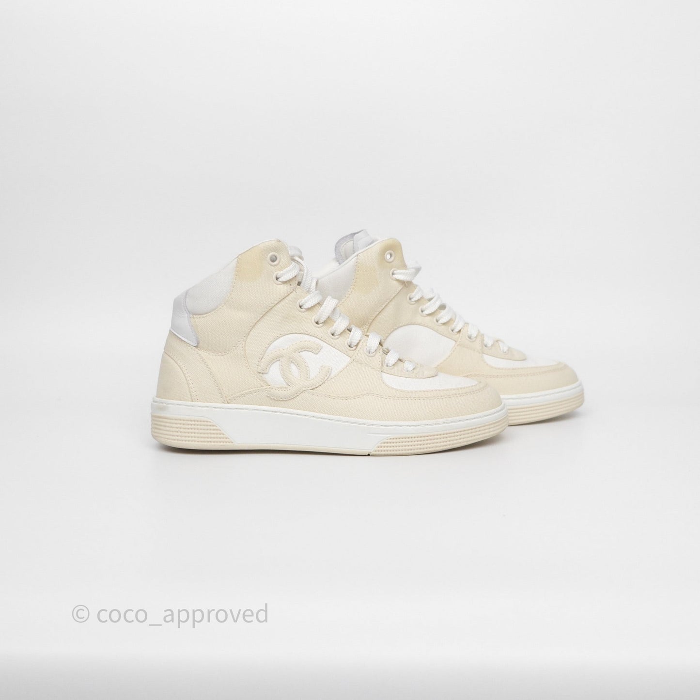 Chanel CC Light Beige White Canvas Sneaker Size 38.5