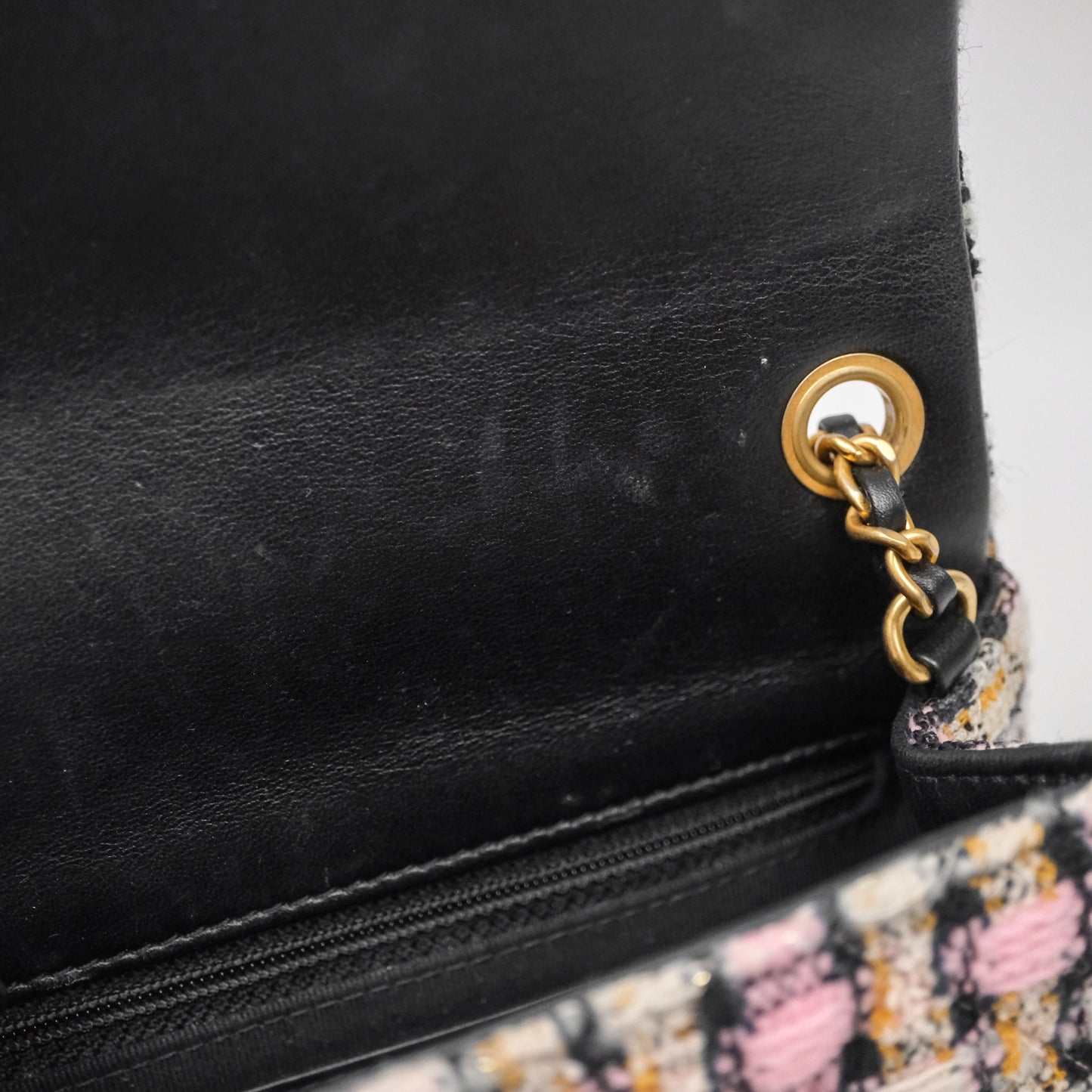 Chanel Pearl Crush Mini Square Pink/ White/ Black Tweed Aged Gold Hardware
