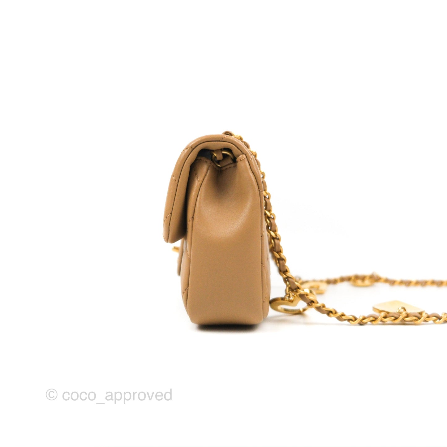 Chanel Mini Flap Bag With Heart CC Charm Dark Beige Lambskin Aged Gold Hardware