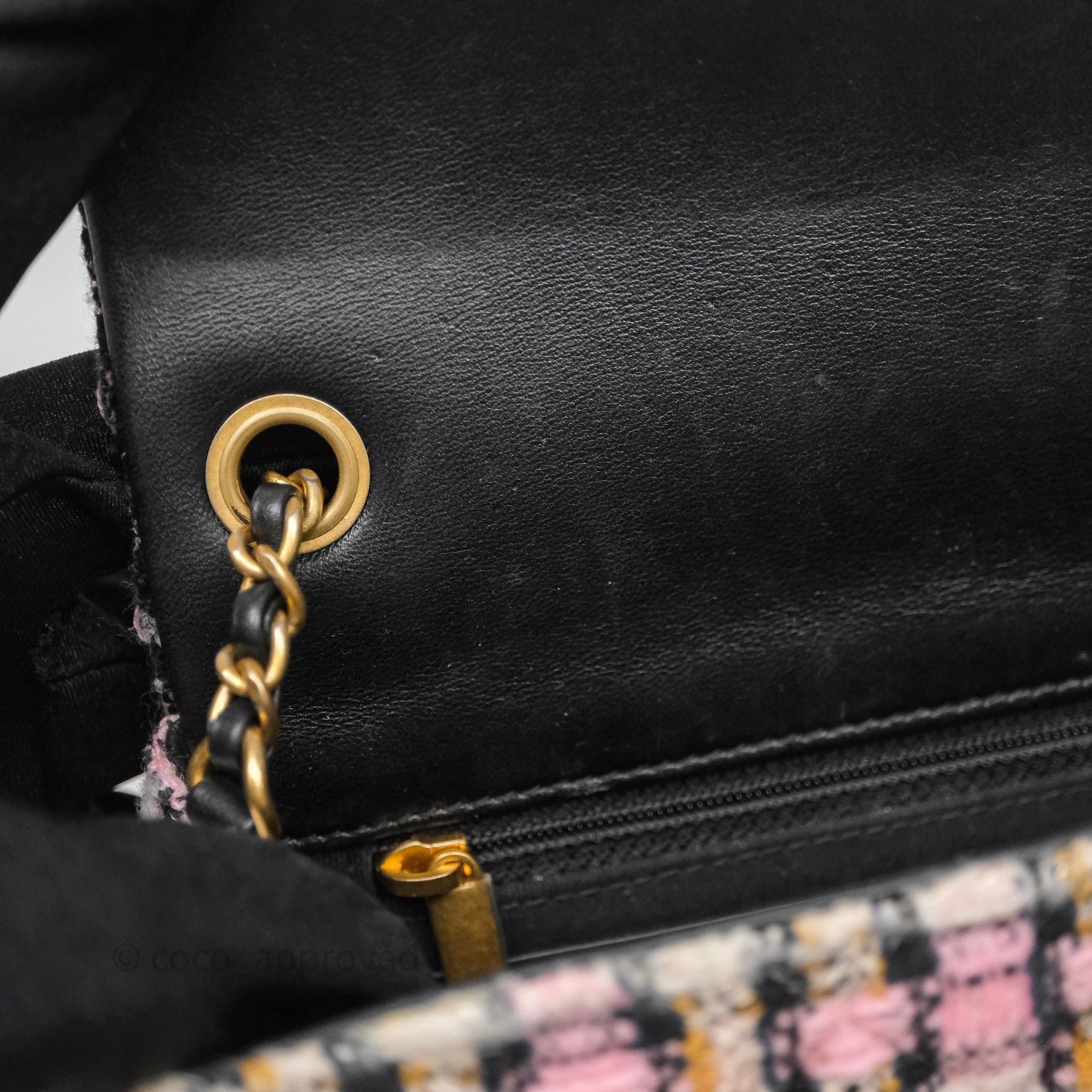 Chanel Pearl Crush Mini Square Pink/ White/ Black Tweed Aged Gold Hardware