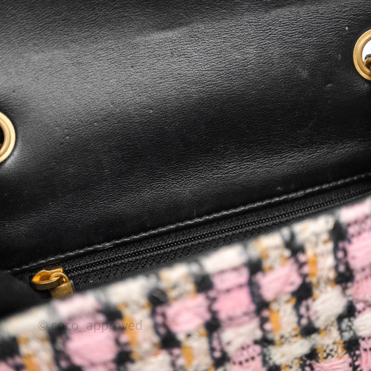 Chanel Pearl Crush Mini Square Pink/ White/ Black Tweed Aged Gold Hardware