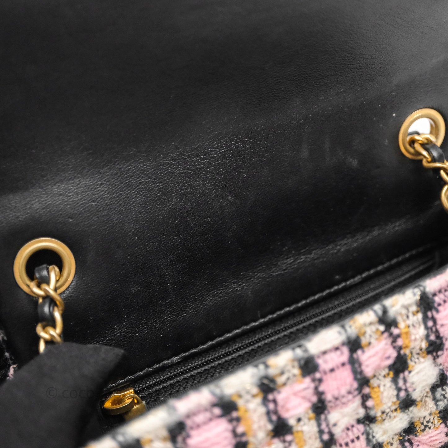 Chanel Pearl Crush Mini Square Pink/ White/ Black Tweed Aged Gold Hardware