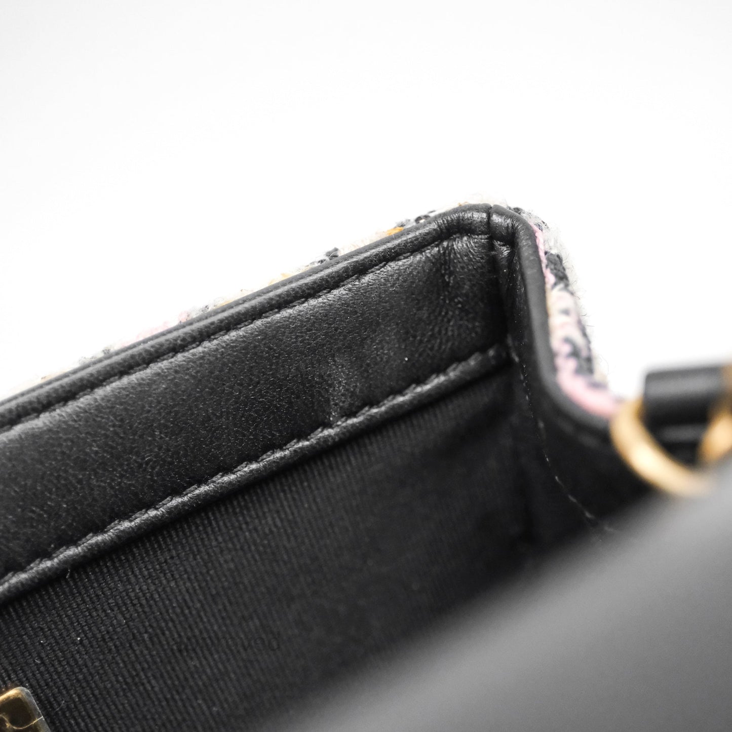 Chanel Pearl Crush Mini Square Pink/ White/ Black Tweed Aged Gold Hardware