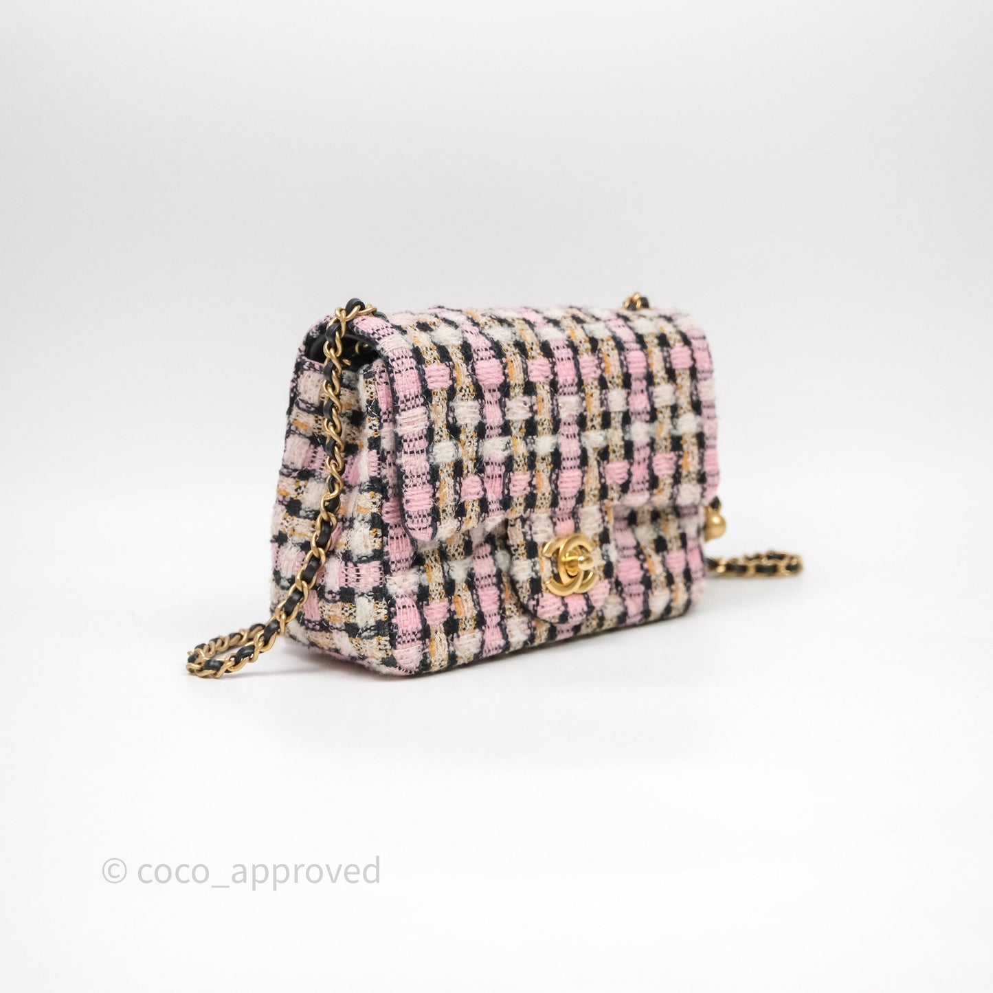 Chanel Pearl Crush Mini Square Pink/ White/ Black Tweed Aged Gold Hardware