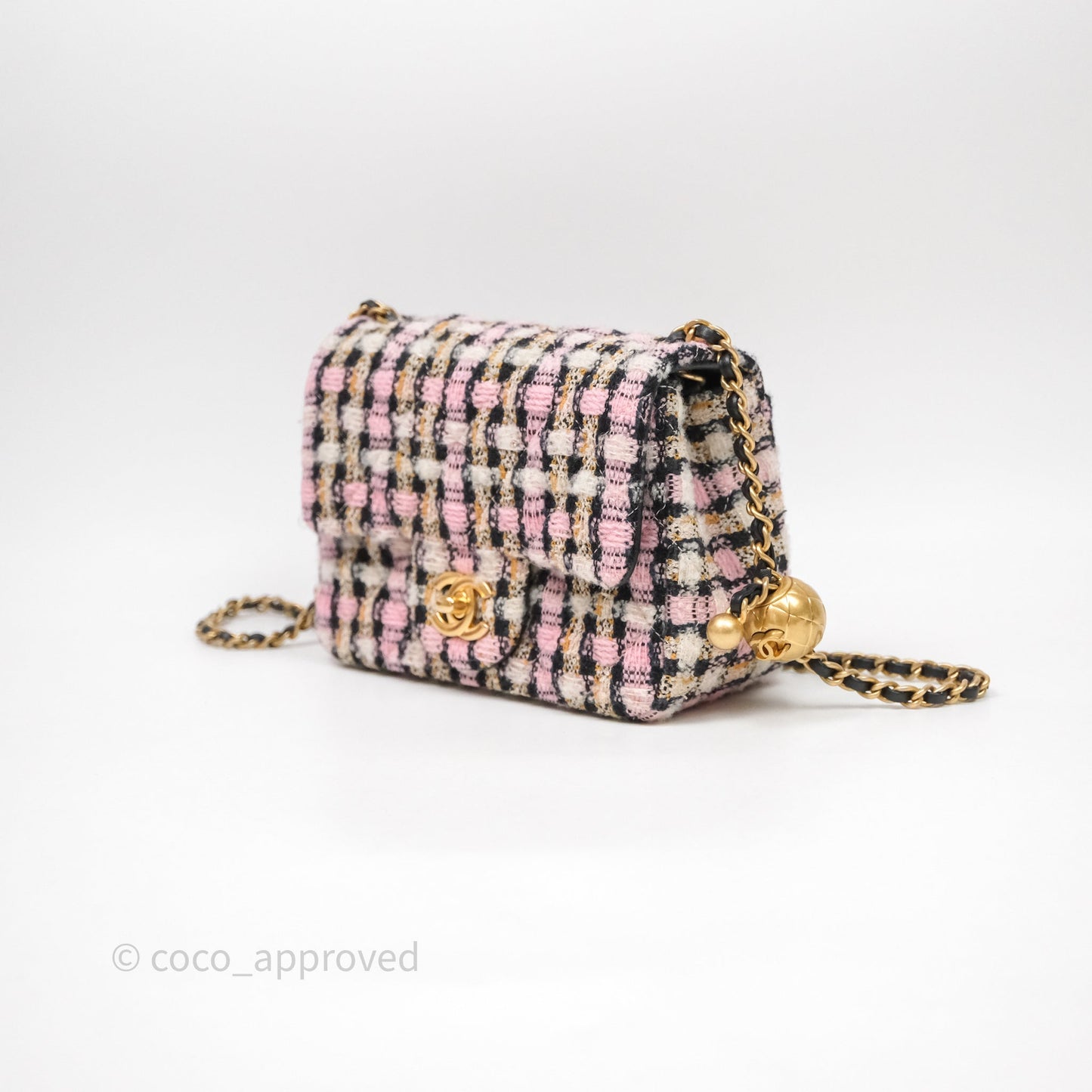 Chanel Pearl Crush Mini Square Pink/ White/ Black Tweed Aged Gold Hardware