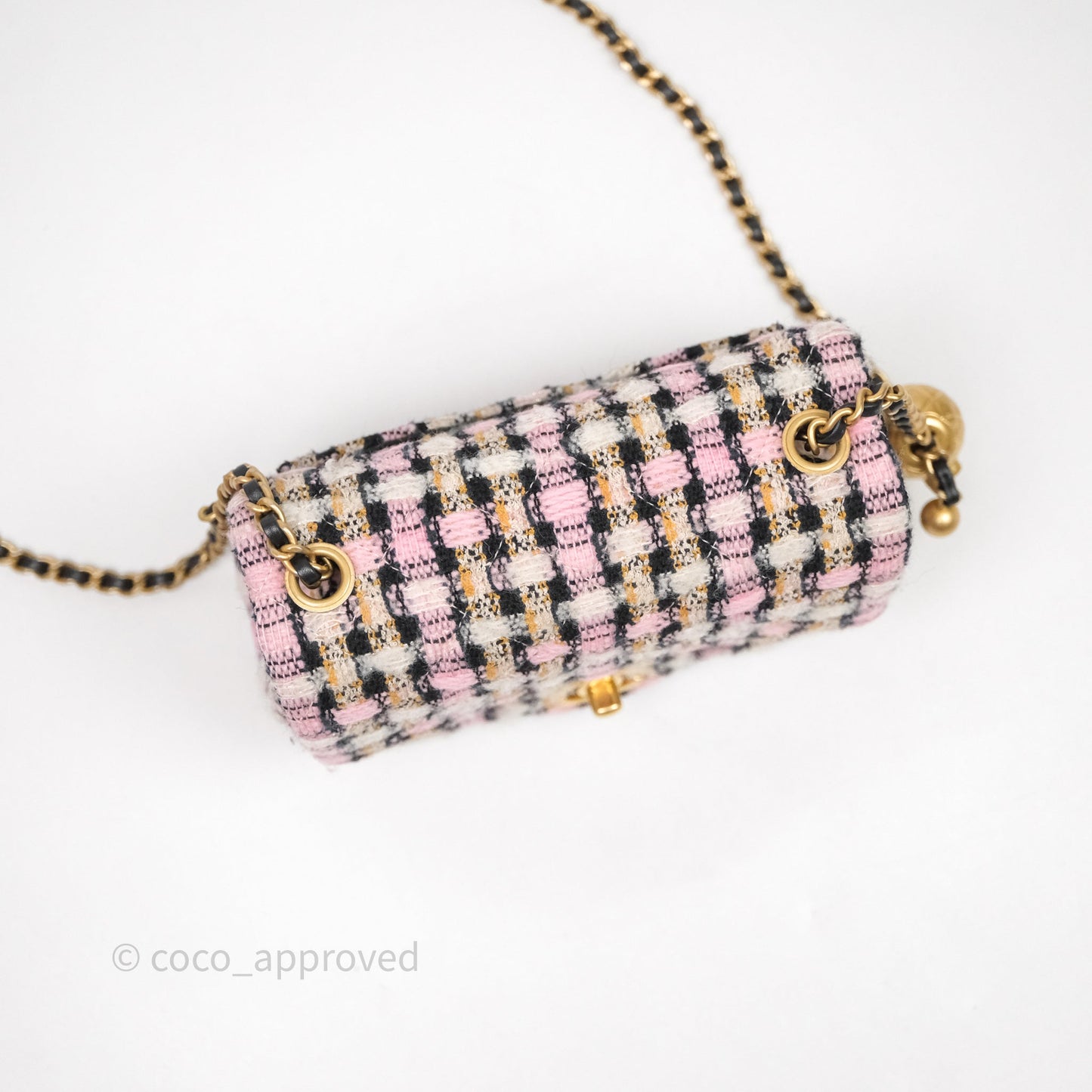 Chanel Pearl Crush Mini Square Pink/ White/ Black Tweed Aged Gold Hardware