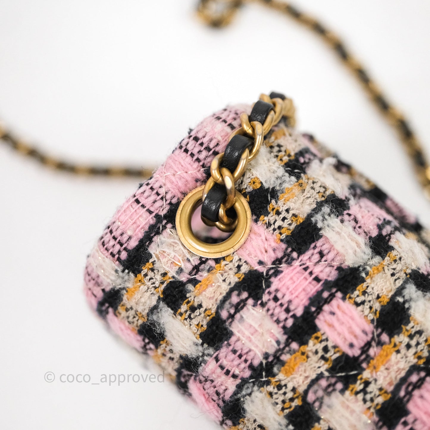 Chanel Pearl Crush Mini Square Pink/ White/ Black Tweed Aged Gold Hardware