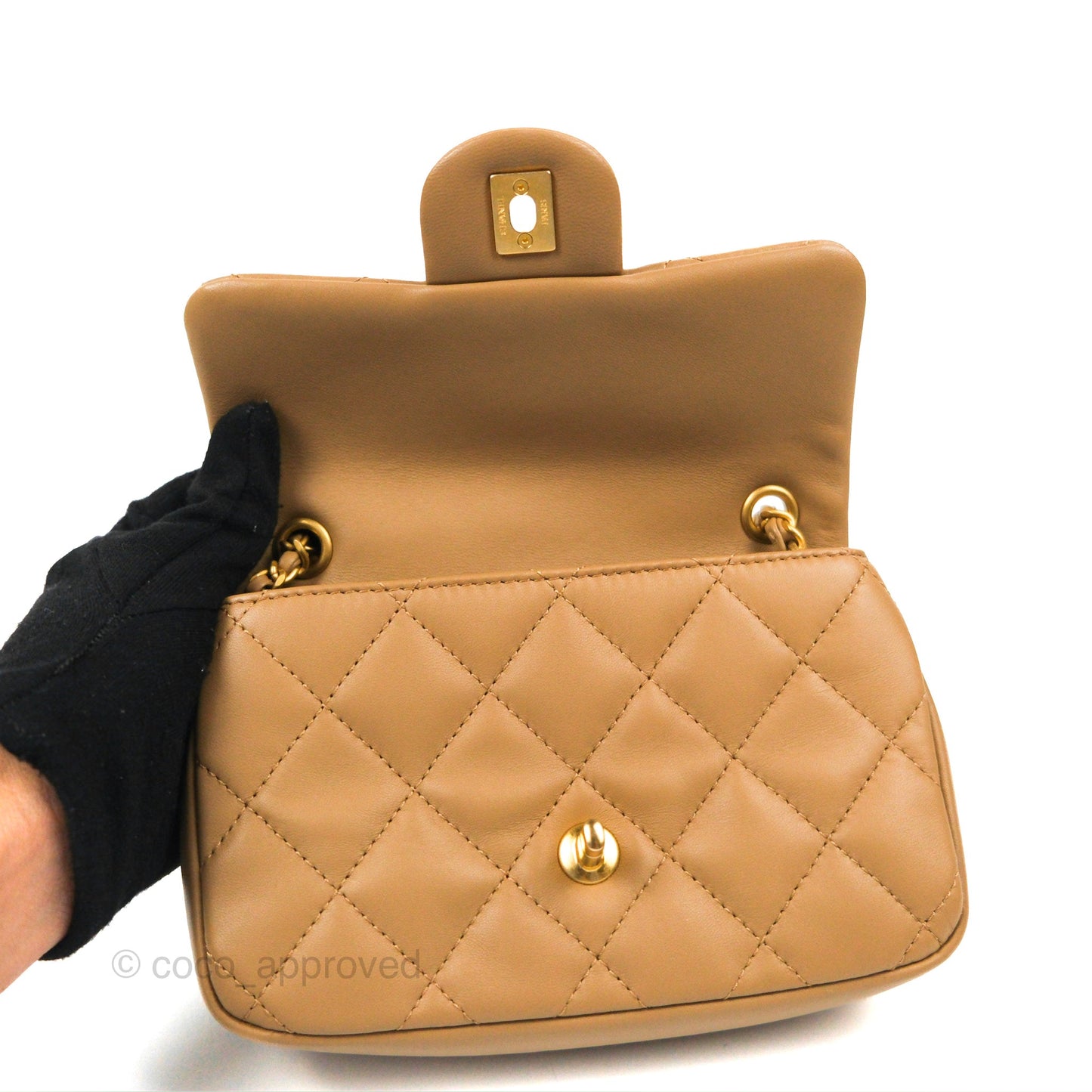 Chanel Mini Flap Bag With Heart CC Charm Dark Beige Lambskin Aged Gold Hardware